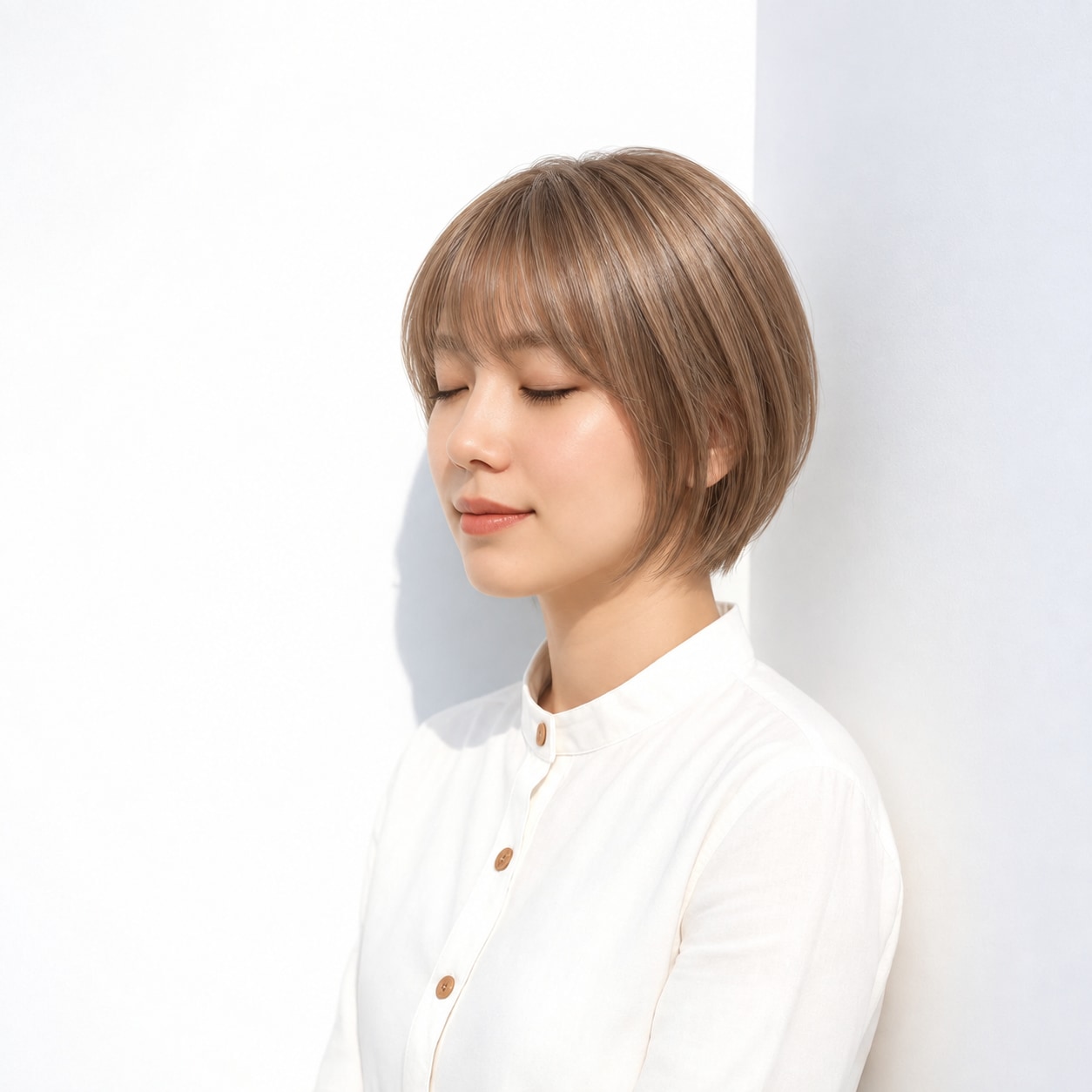 丸みのある短い髪に合わせたハニーベージュ