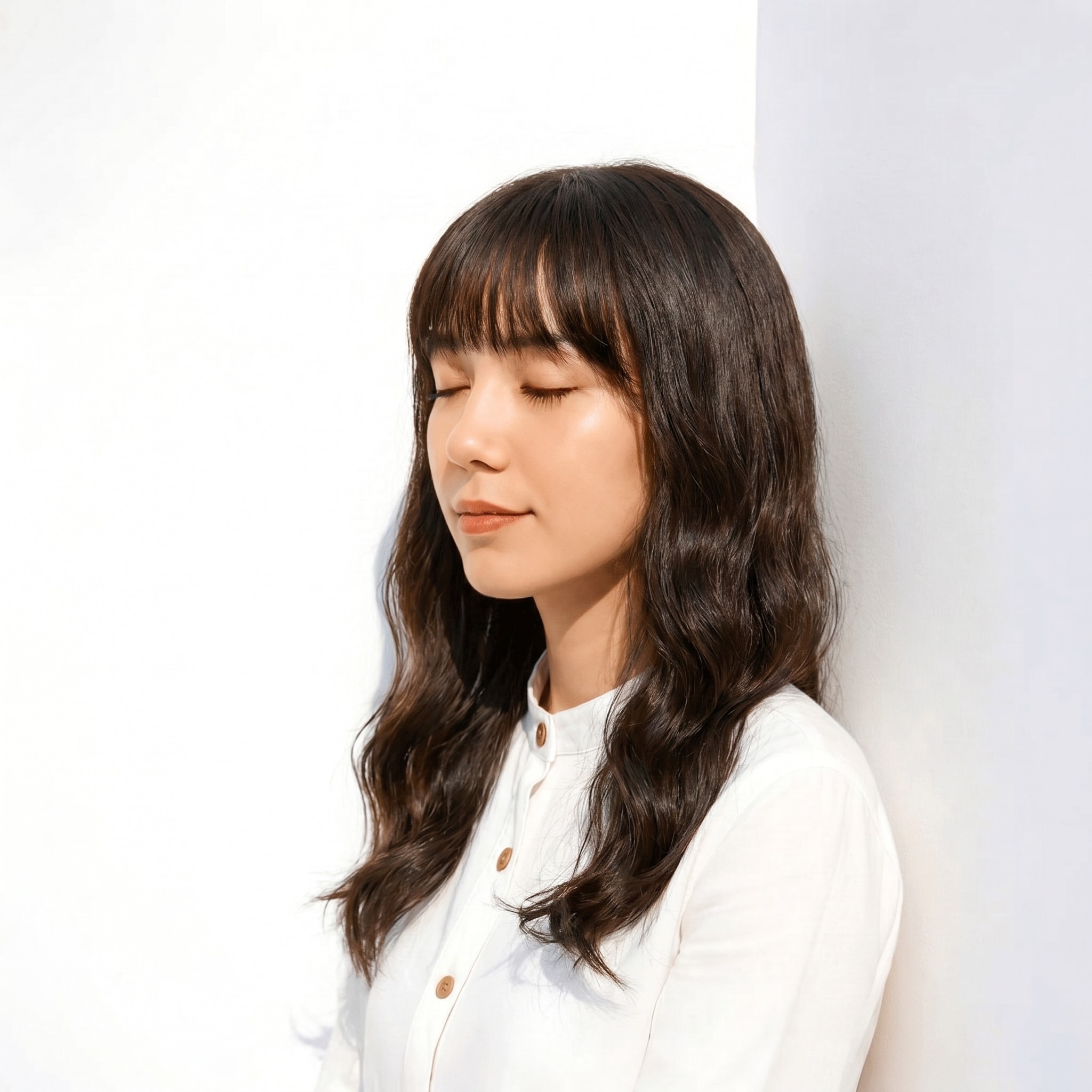 12. ブリーチなしグレージュ×ミディアムヘア: ゆるやかなSウェーブで立体感を演出