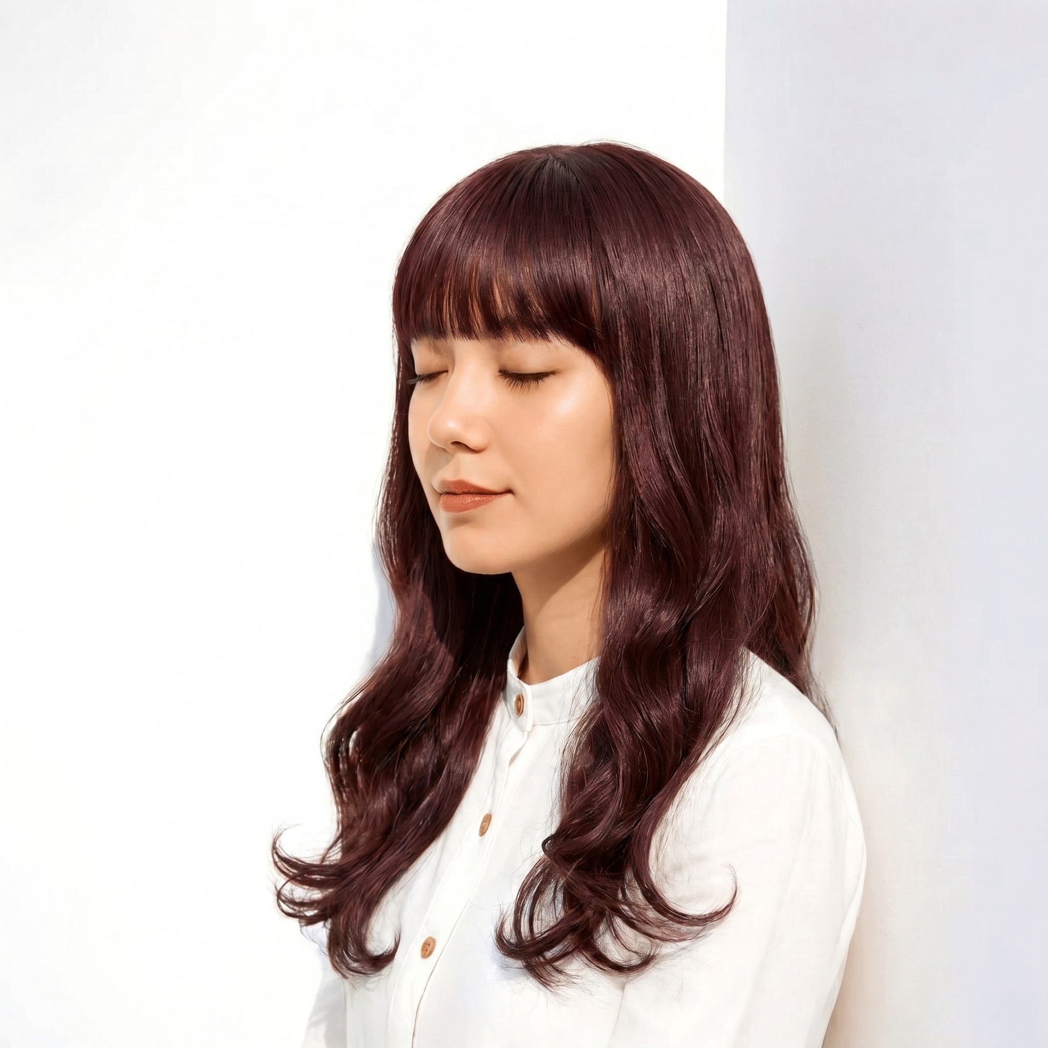 12. ブリーチなしピンク×フェミニン: 厚めバングとSカールで大人かわいい印象に