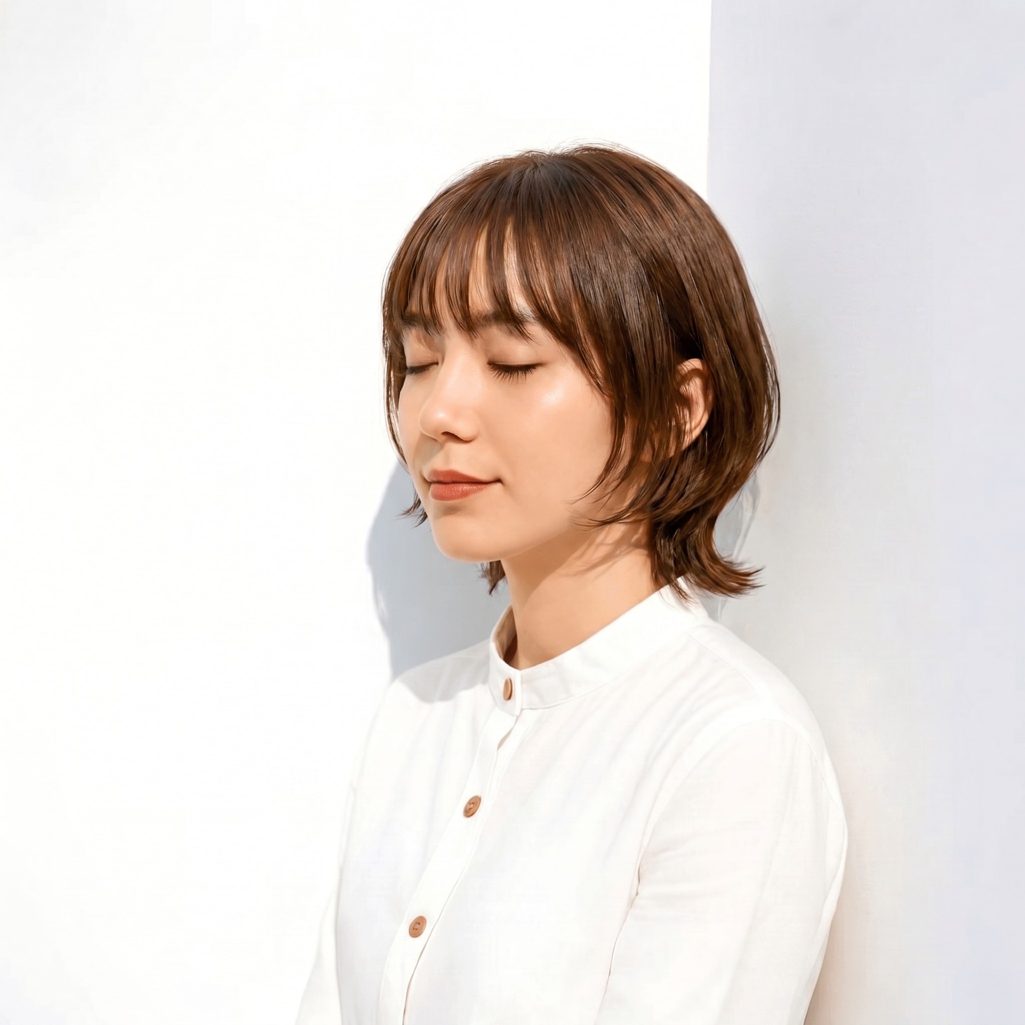 12. ブリーチなしピンクベージュ×ミニボブ: 丸みシルエットで柔らかさを引き立てる