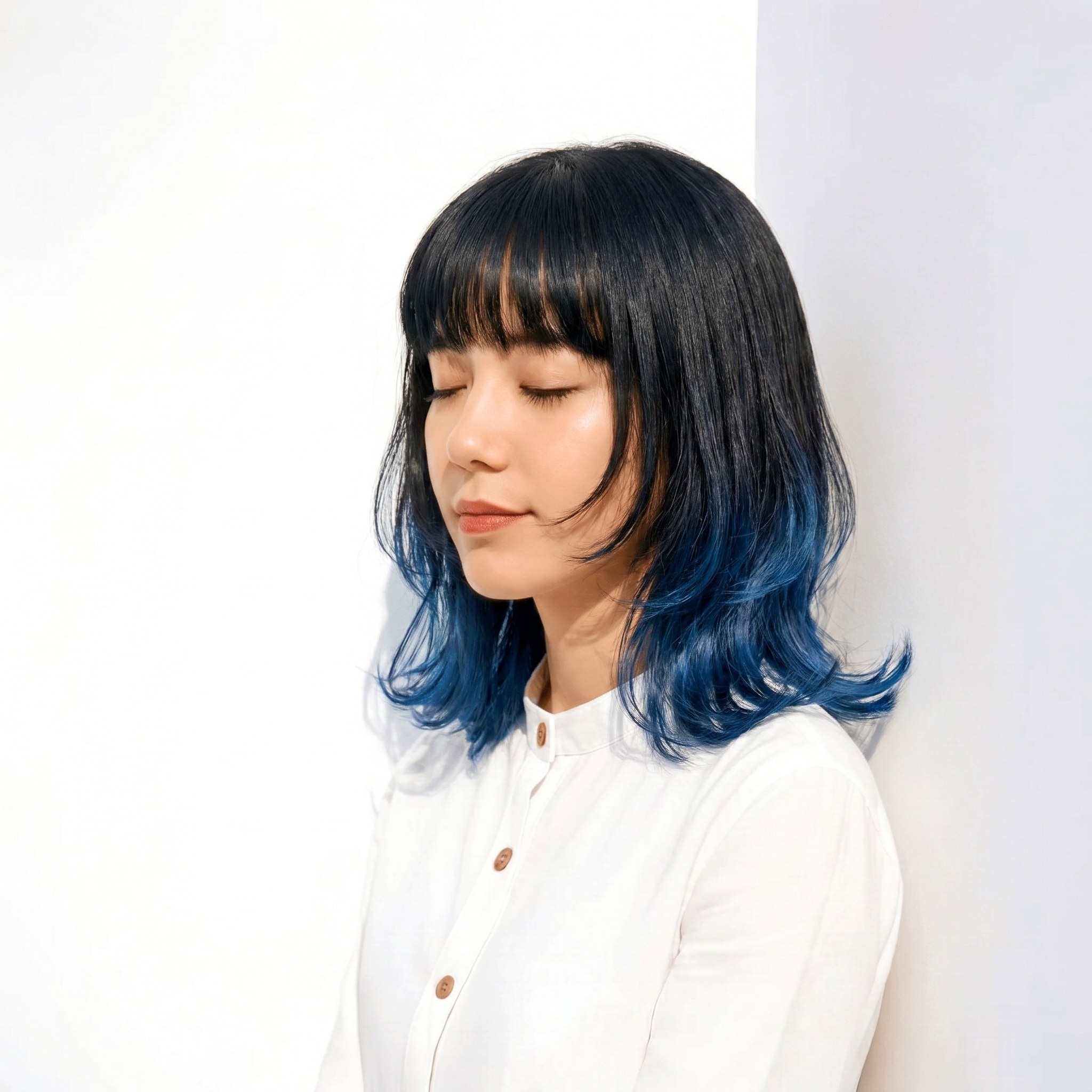 12. ブルーアッシュ×ツヤ感：深い寒色が引き締めるクールなミディアムスタイル