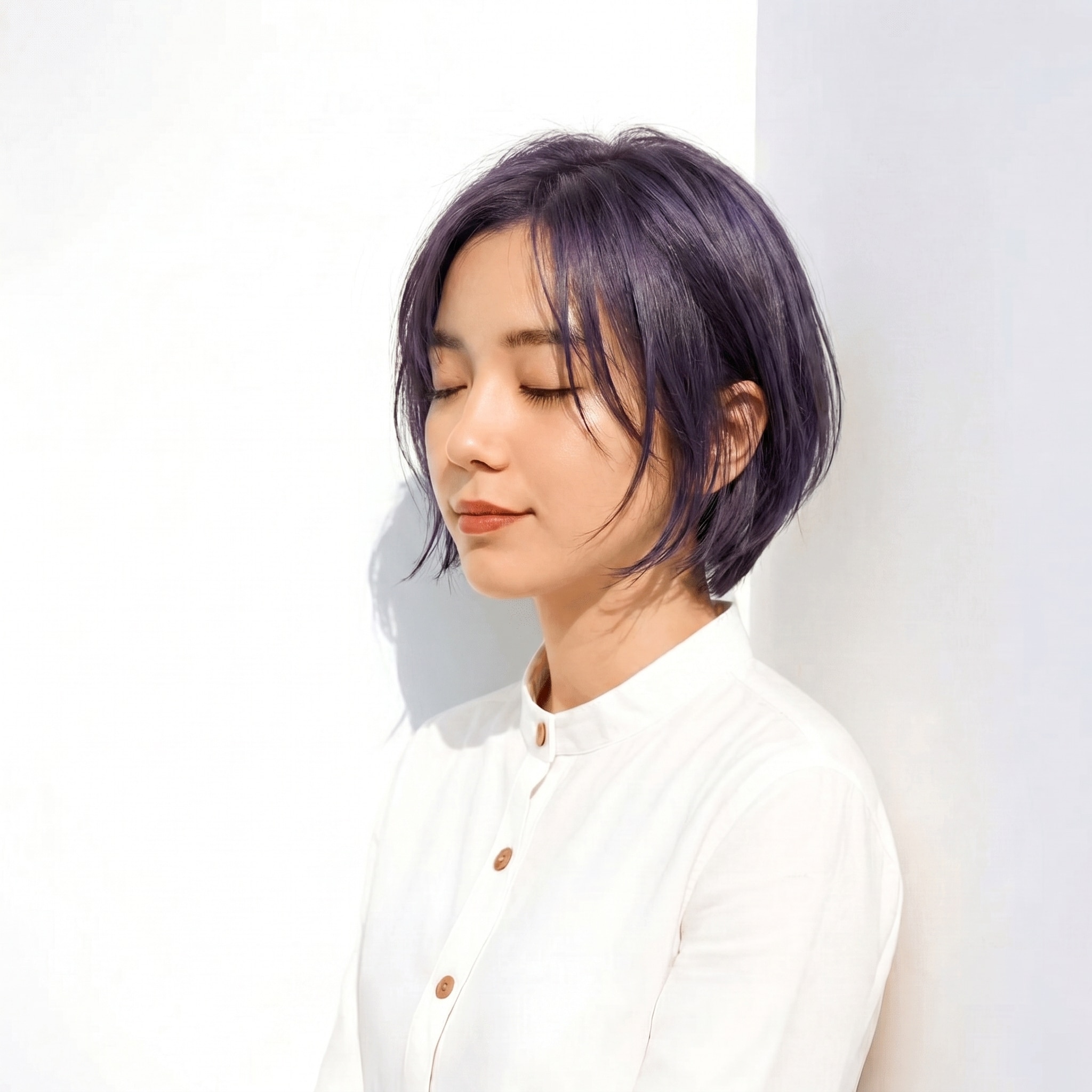 12. ブルーバイオレット×レイヤーショートボブ: モードなツヤで、シンプルな髪型も凛と見せる