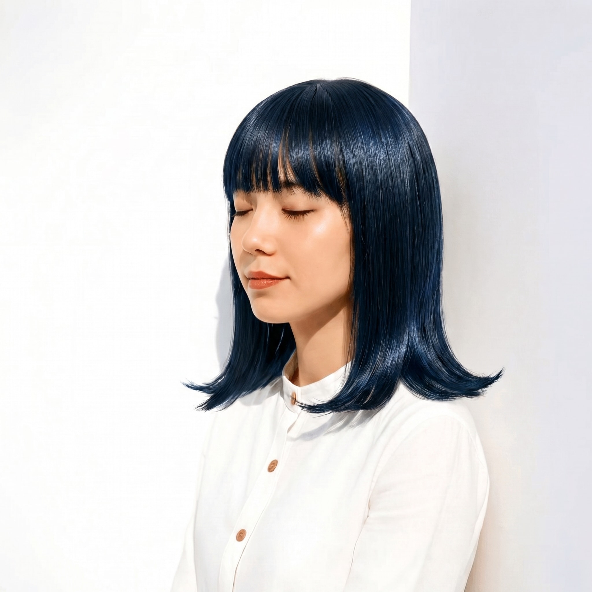 12. ブルーブラック×ミディアムストレート: ネイビー寄りの深色でツヤと端正さを演出