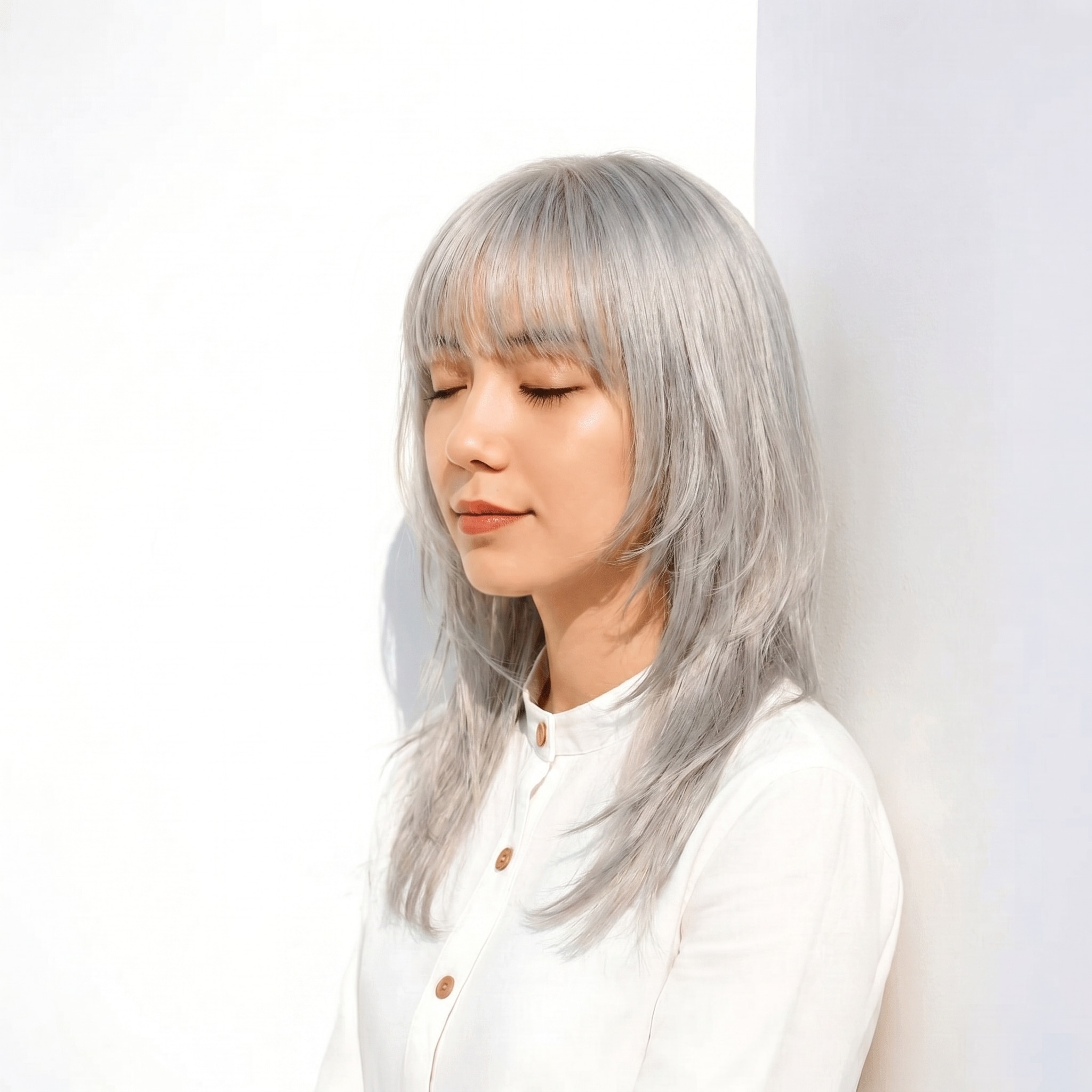 12. ホワイトシルバー×外ハネレイヤーミディアム: モードなツヤで、シンプルな髪型も凛と見せる