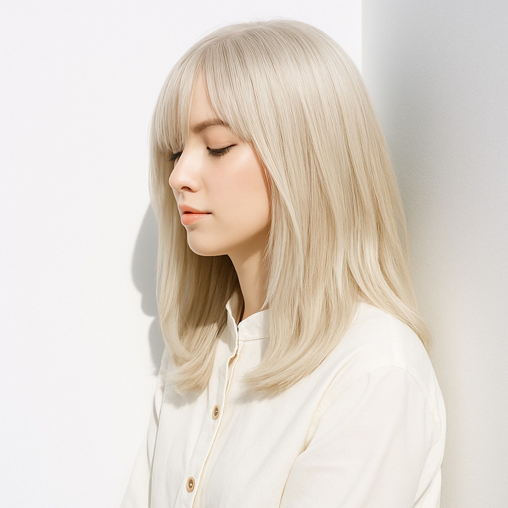 12. ホワイトブロンド×ミディアム：内巻きで軽やかに、顔立ちを優しく整える