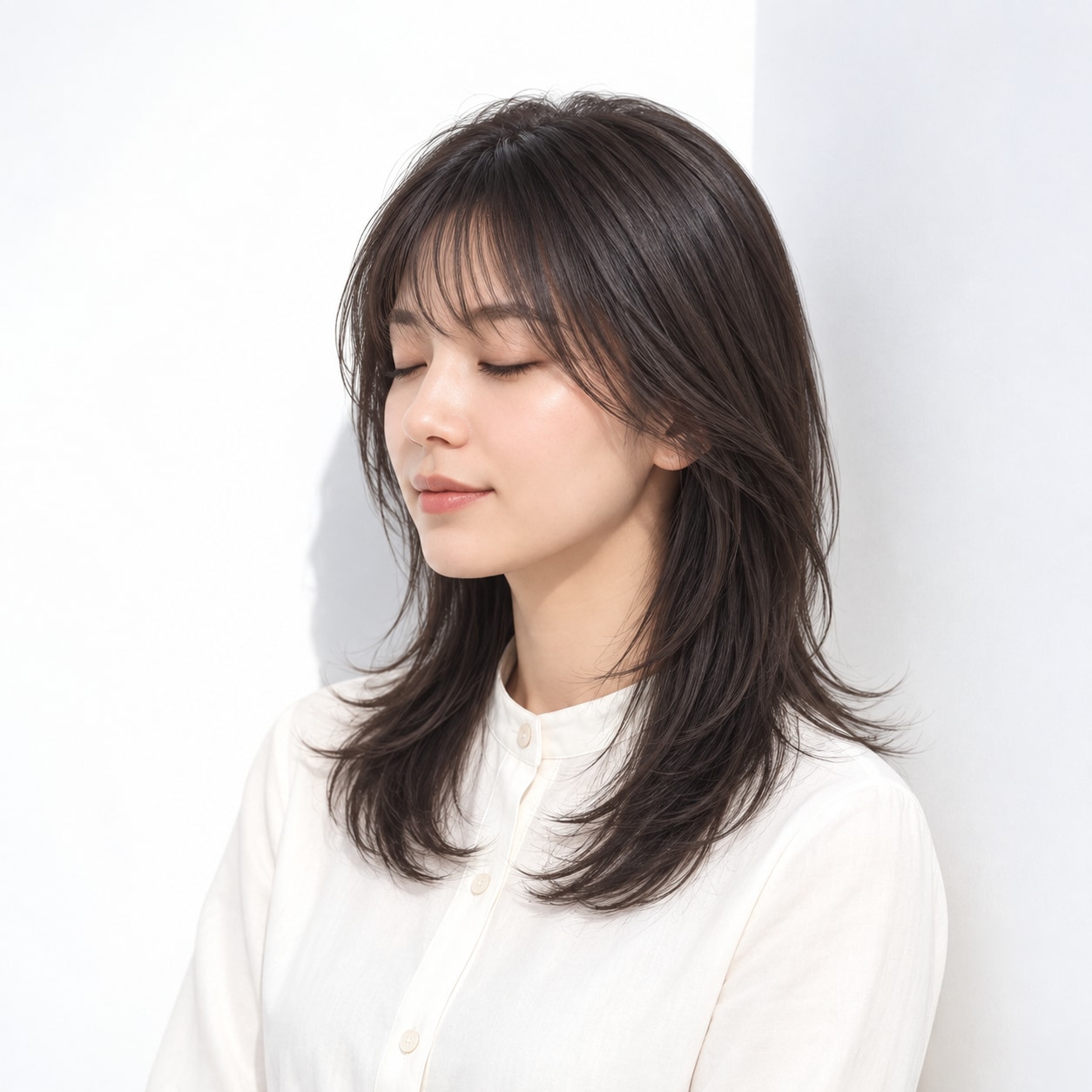 12. ミディアムレイヤー × 前髪あり × 鎖骨レイヤー：長さを保ちながら、動く位置が低くなりすぎません
