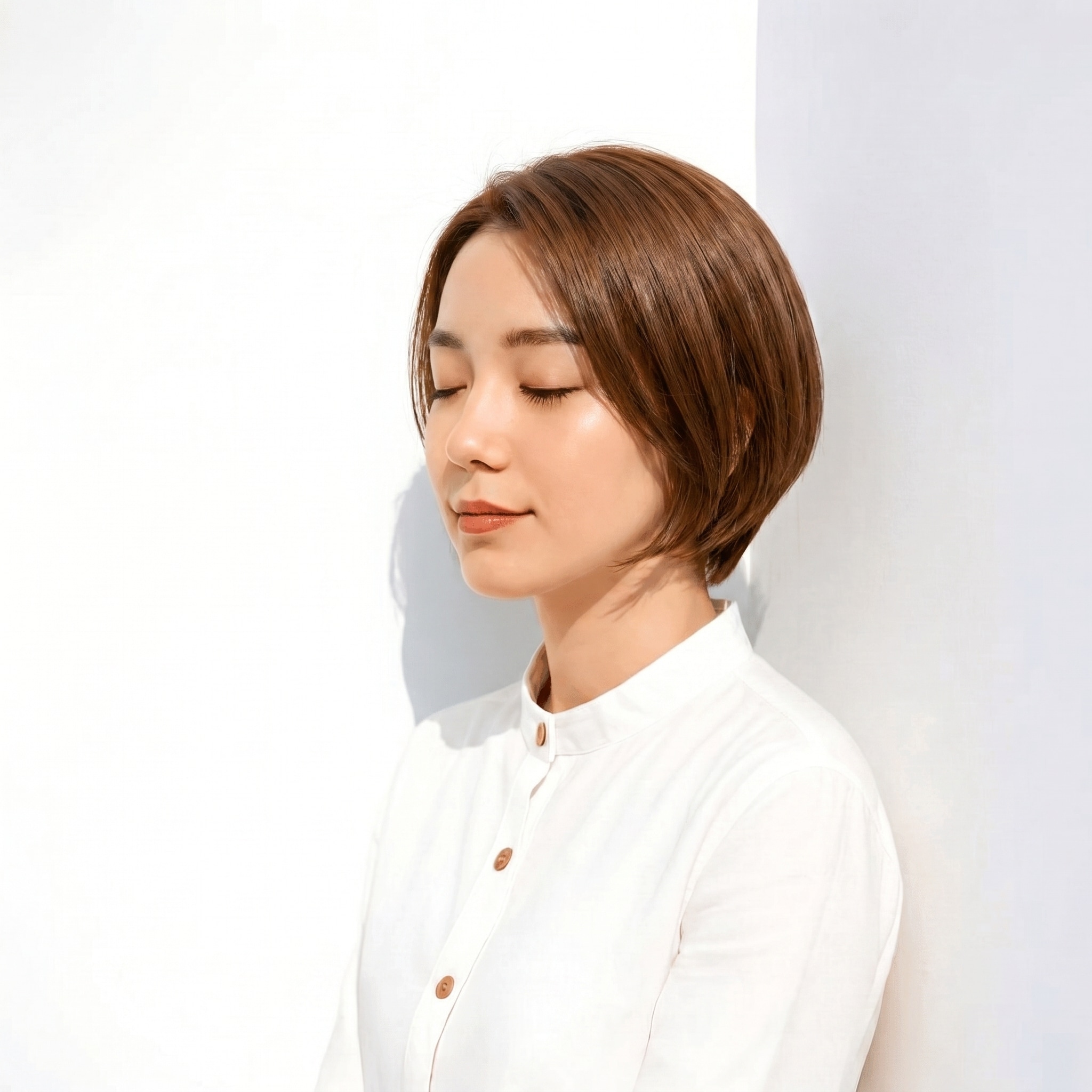 12. ライトブラウン×ショートボブ: 黄みのある色みで肌を柔らかく見せる