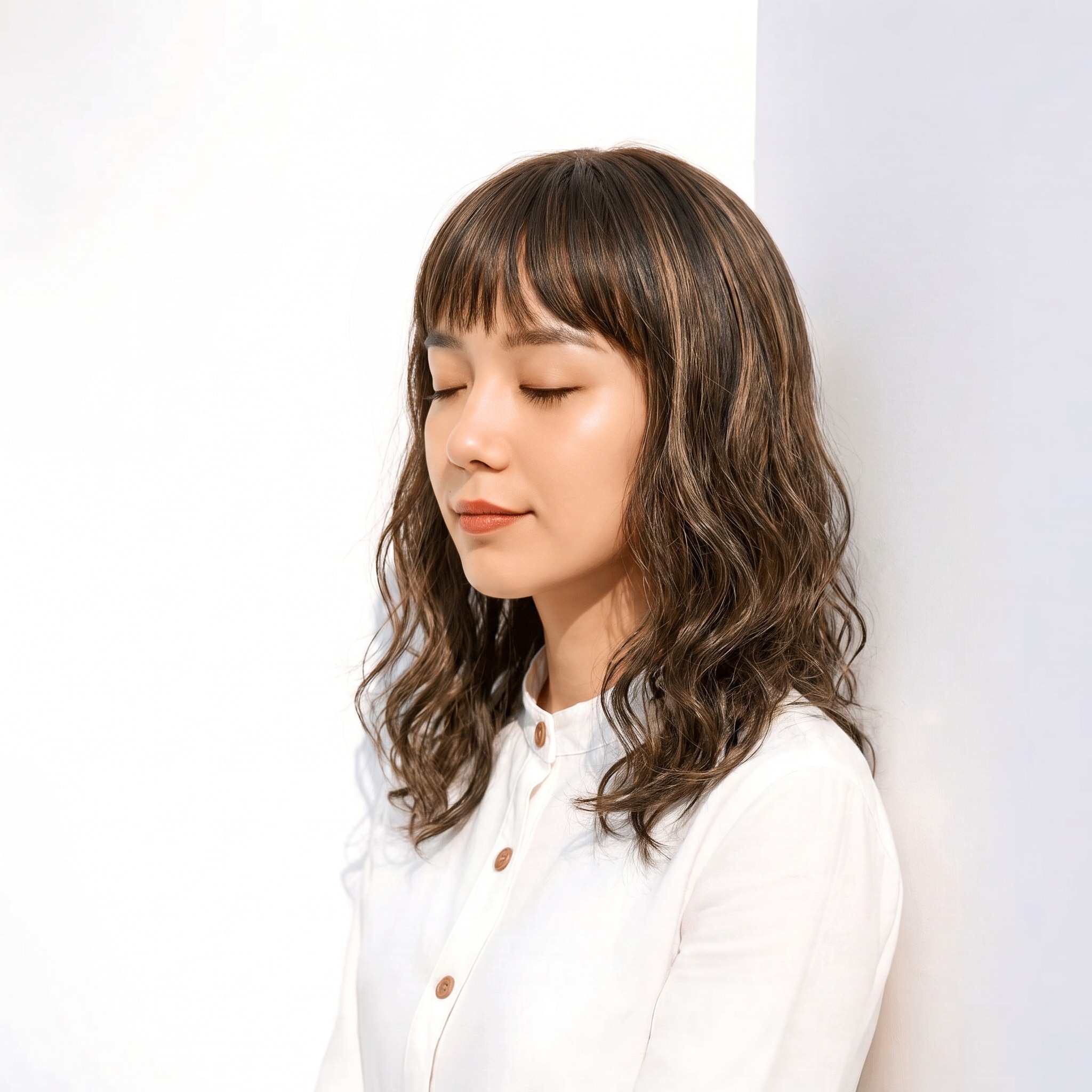 12. ライトベージュ×ウェーブミディアム: 暗めブラウンに細いベージュが入り自然な変化が出る