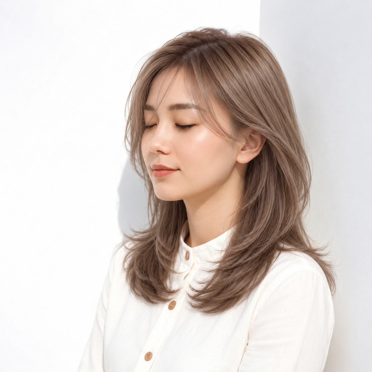 12. レイヤーセミロング × アッシュベージュ：羽ばたくような毛流れに華やぎを