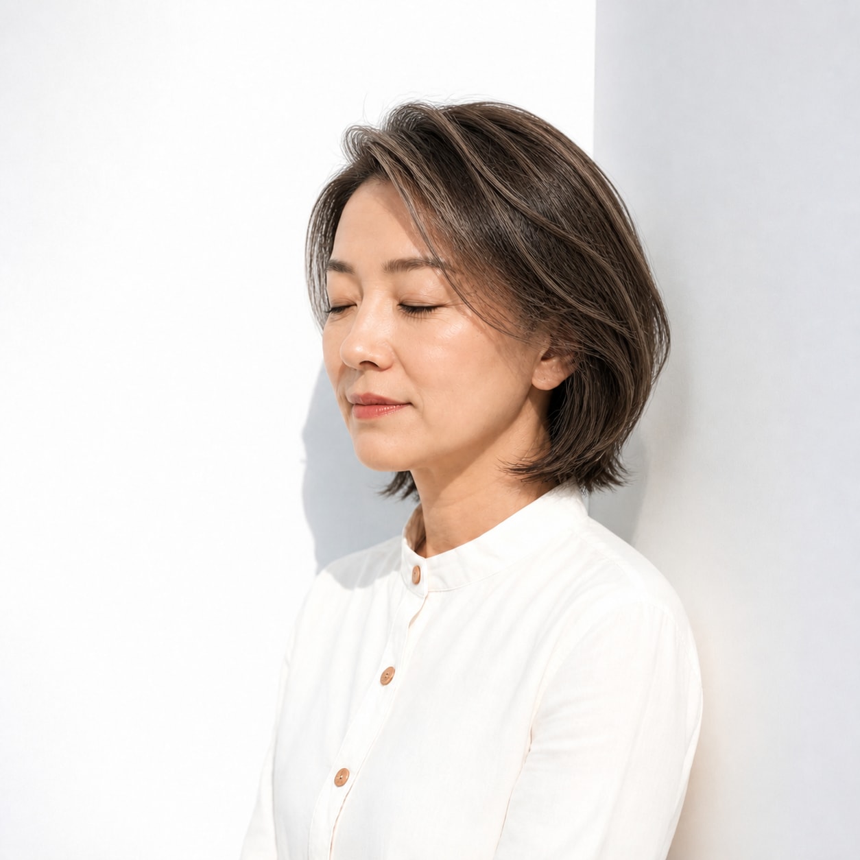 12. レイヤーボブ × サイドパート：50代のトップに高さを