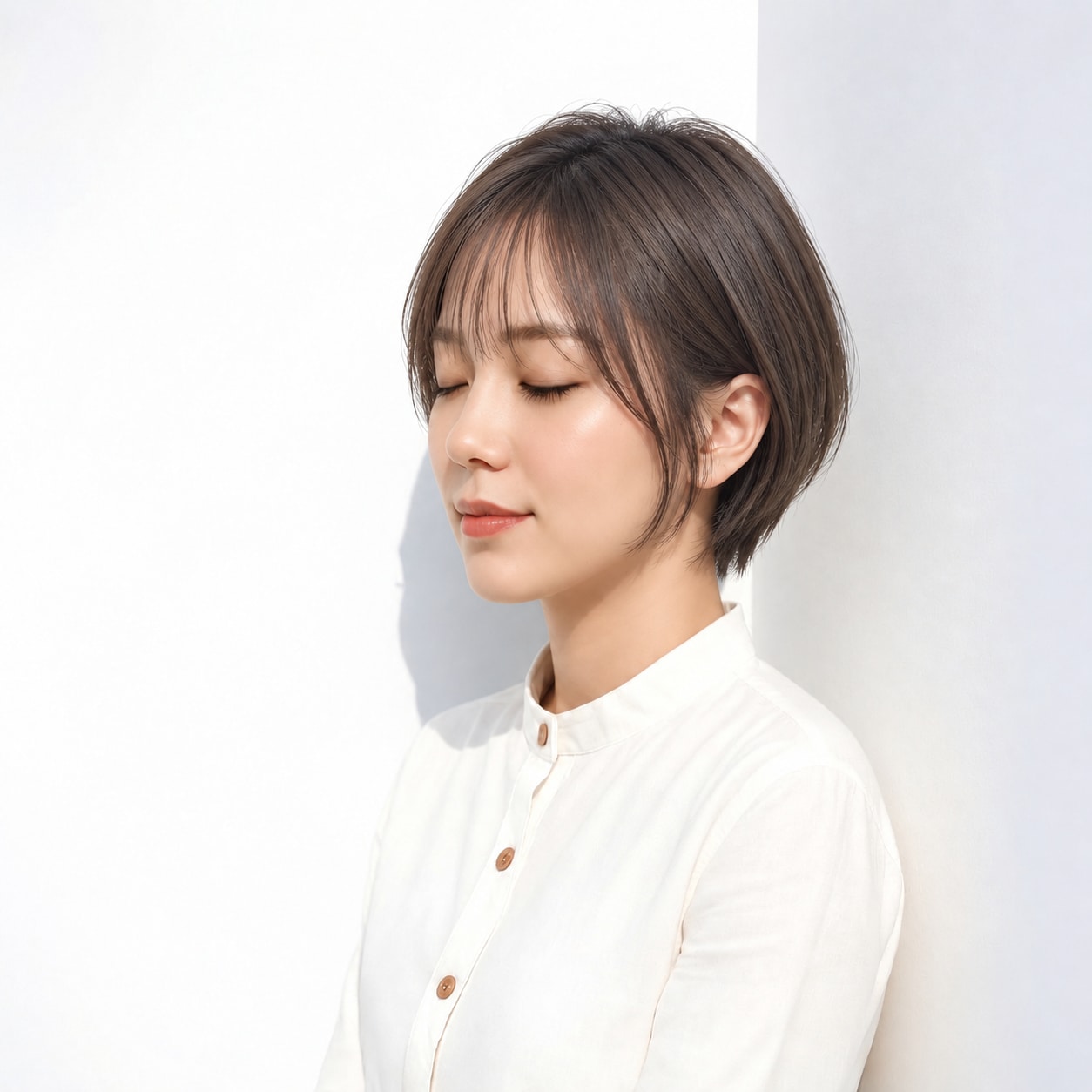 11. 丸みショートボブ × アッシュブラウン：額の透け感で軽く見せる