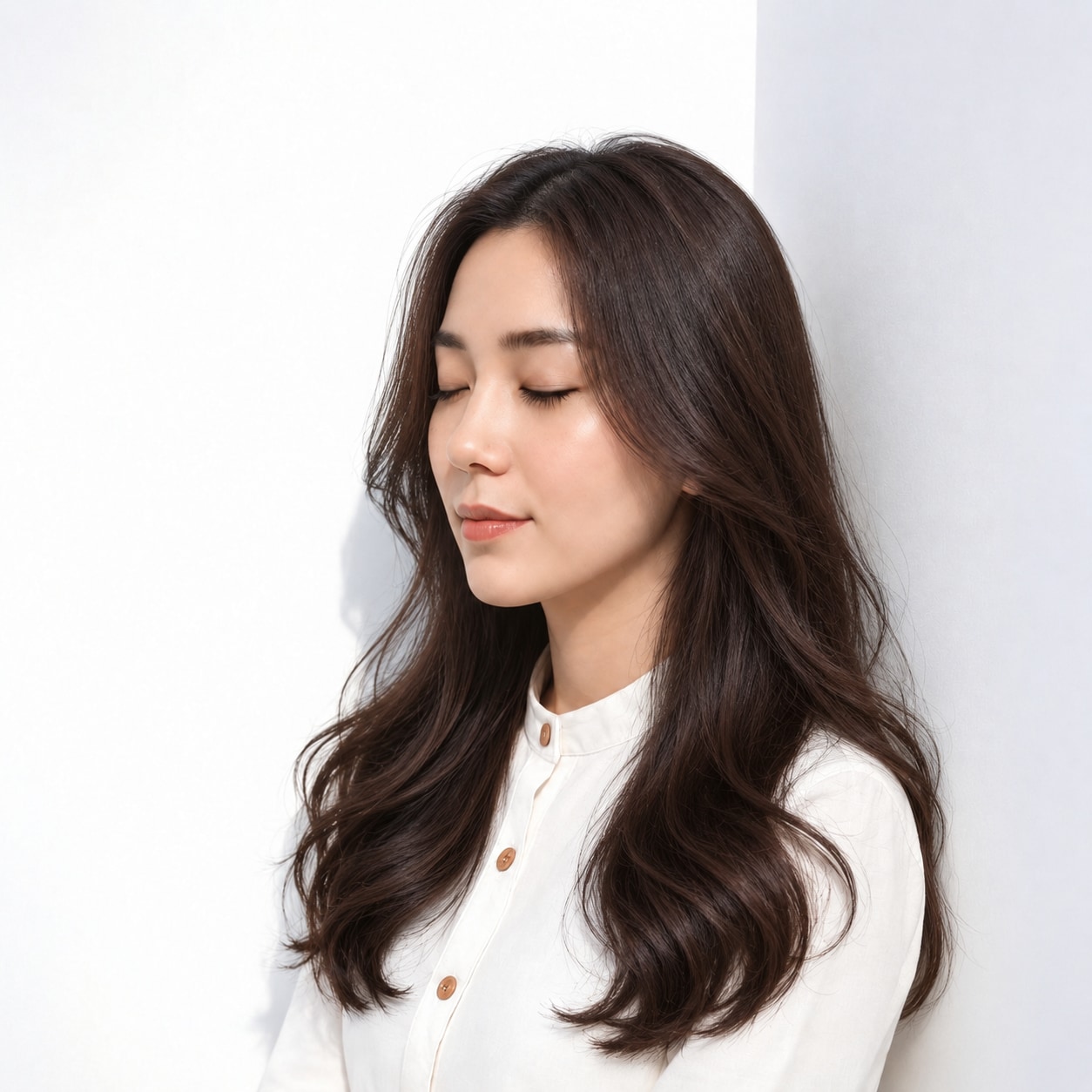 12. 前髪なしウェーブロング × ダークブラウン：大きな波で優美な横幅