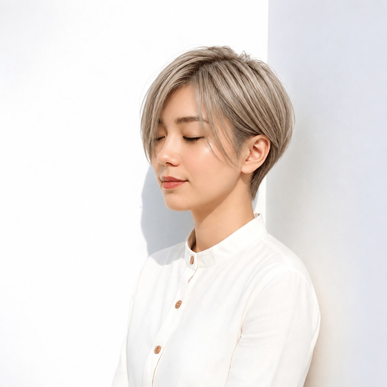 12. 前髪なしショート × 明るめベージュ：長い流れで洗練された横顔に