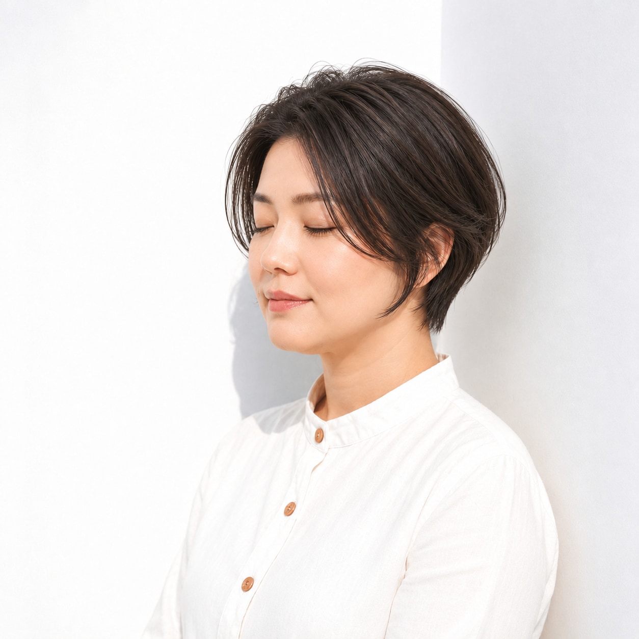 7. 前髪なしショートボブ × 耳かけ：すっきり大人っぽく