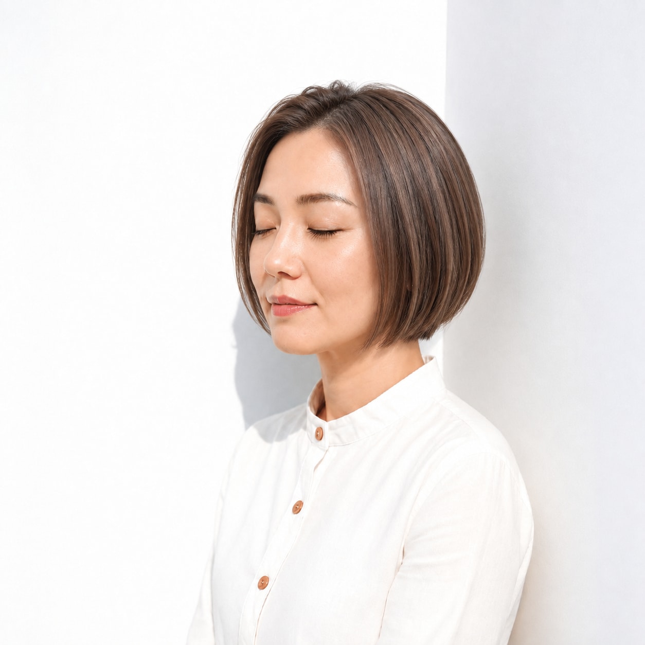 ブラウンで後頭部に丸みがある短い前髪なしボブ
