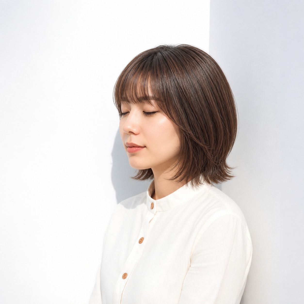 12. 外ハネボブ × 前髪あり × ダークグレージュ：レイヤーを軽く見せる