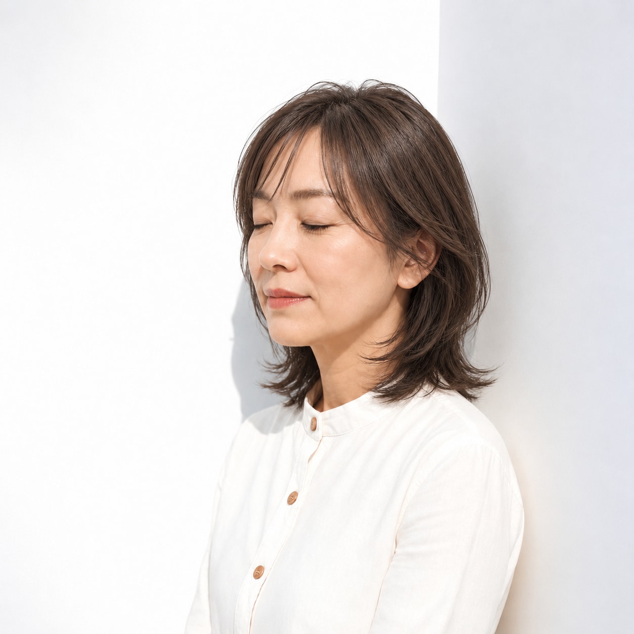 12. 深めブラウン × ミディアムレイヤー：動きで軽さを引き出す