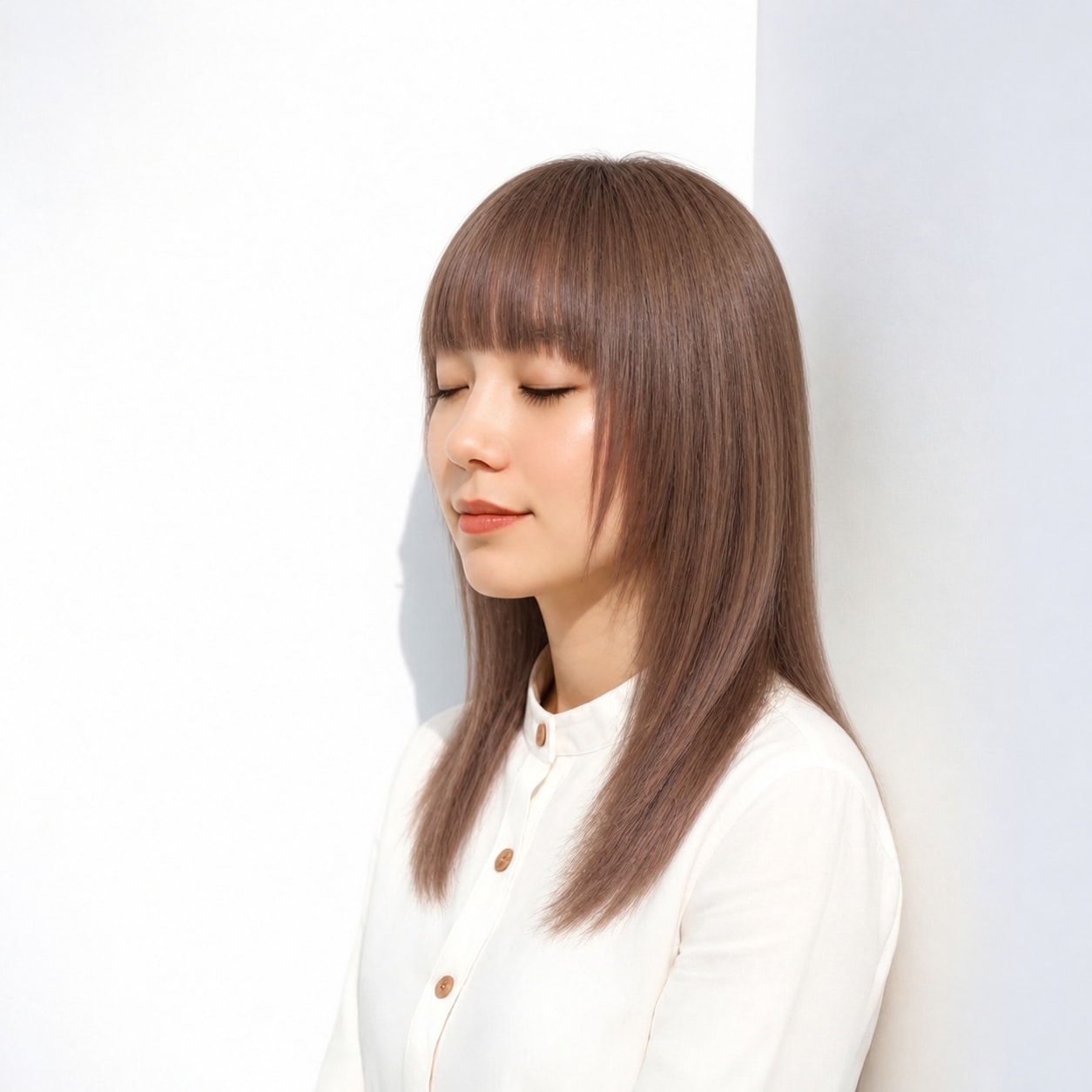 12. 重めバング × 目尻長め前髪：目元を横へ広く見せ、顔まわりに華やかさを足せます