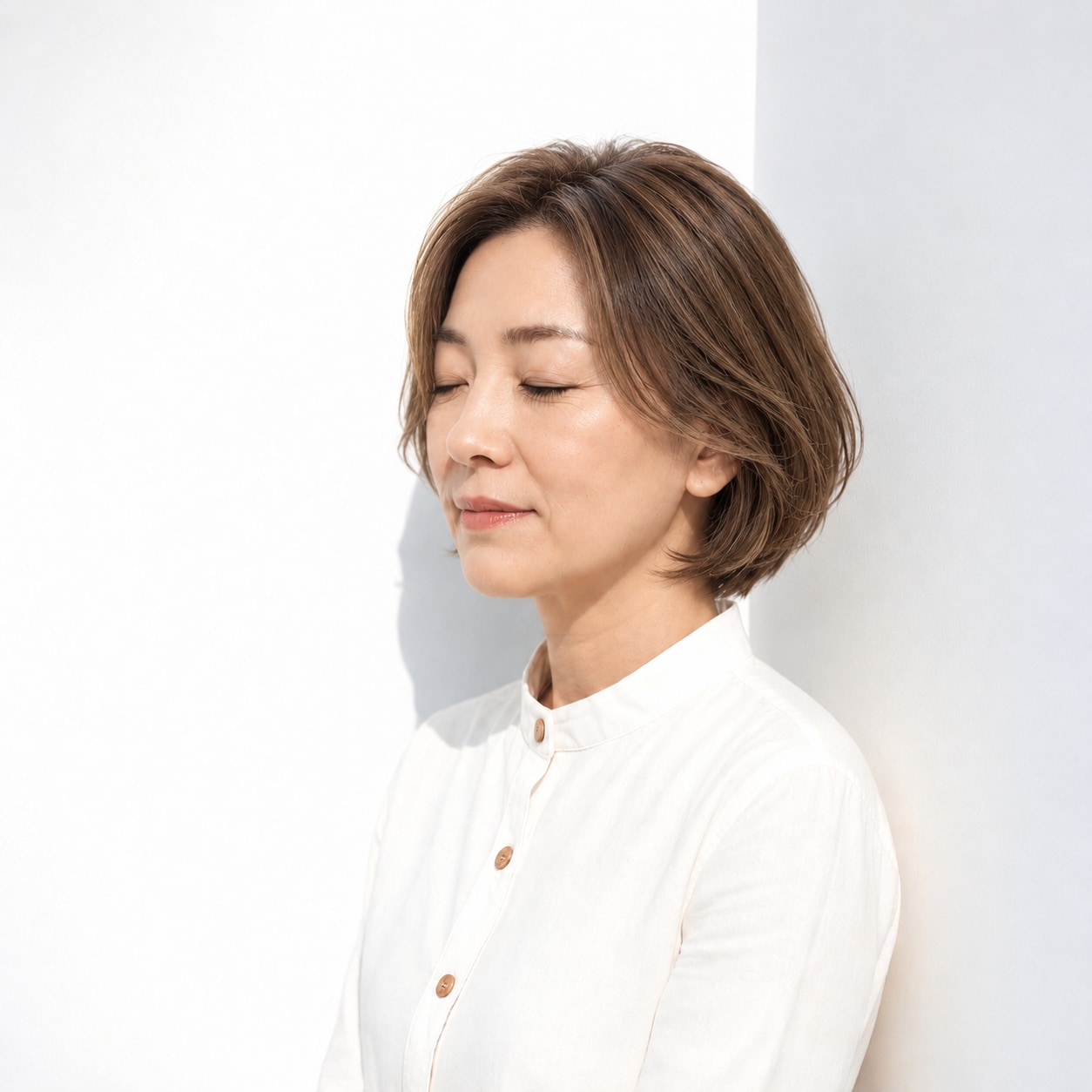 12. 長いカーテン風前髪 × 丸みボブ：額を優しく囲む