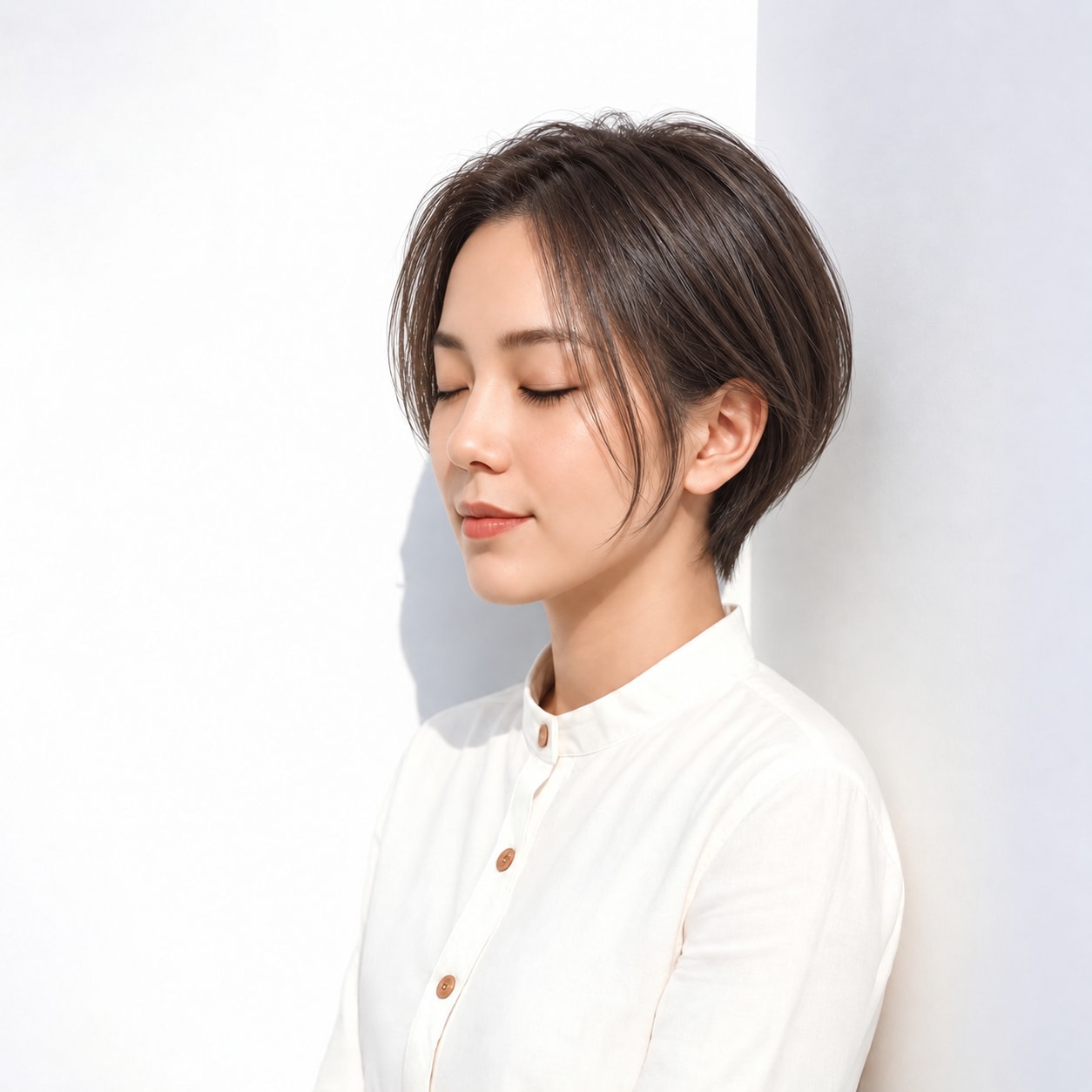 9. 長め前髪ハンサムショート × ブラウン：頬に沿う毛束で輪郭をさりげなく縁取る