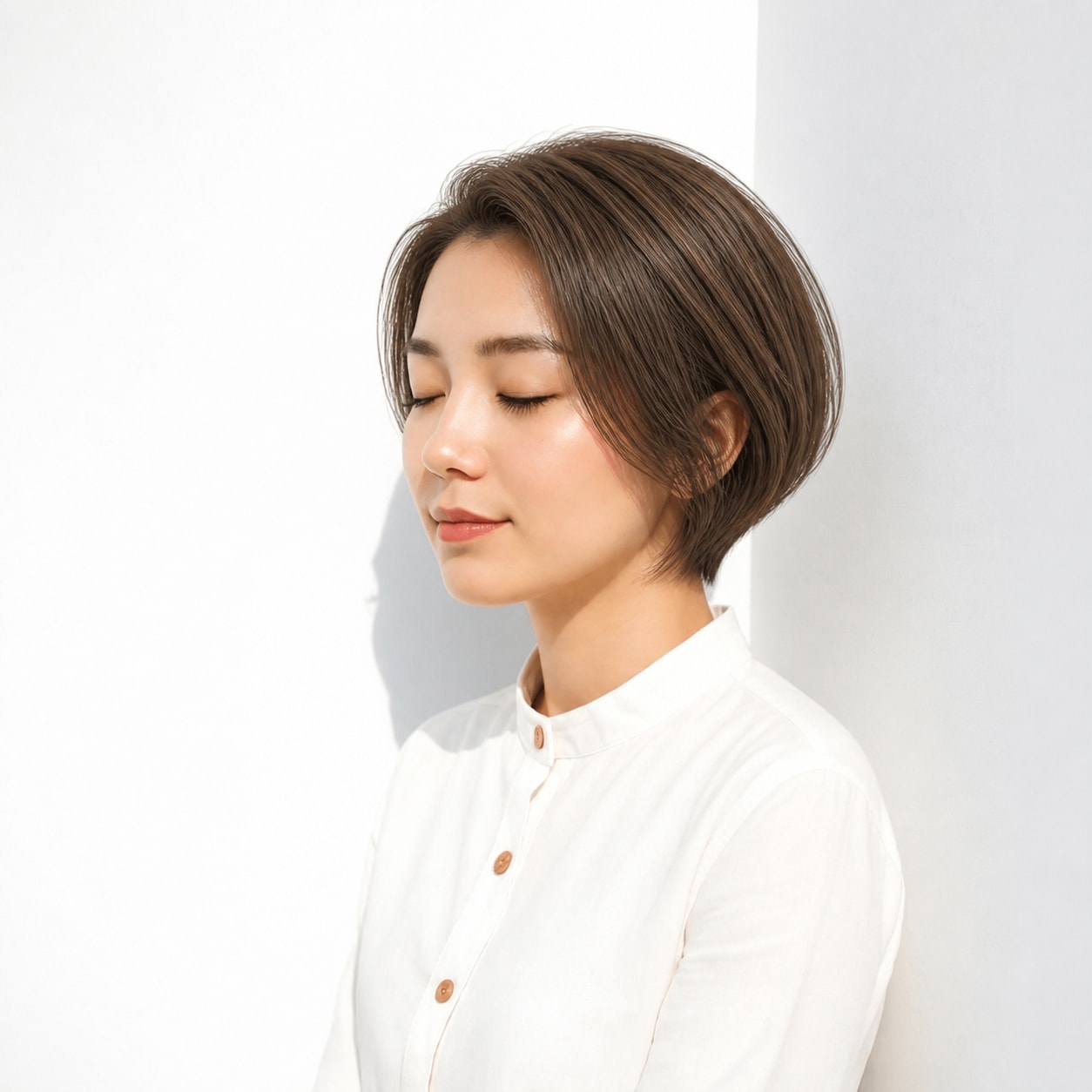 12. 面長ボブ × 前髪なし × ダーク丸みショート：上品にまとまる
