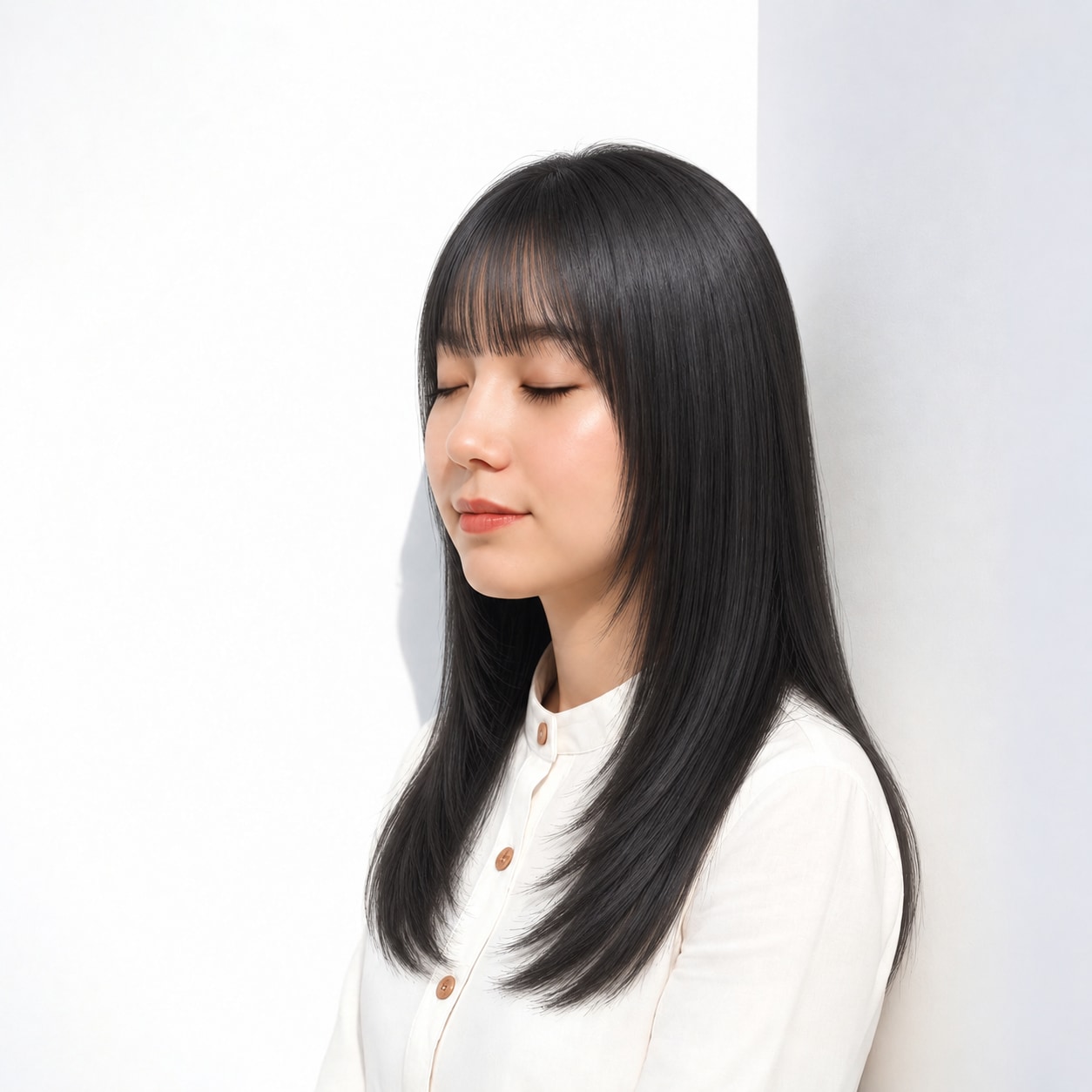12. 黒髪ストレートロング × 薄め前髪：すっきりした線で清楚に
