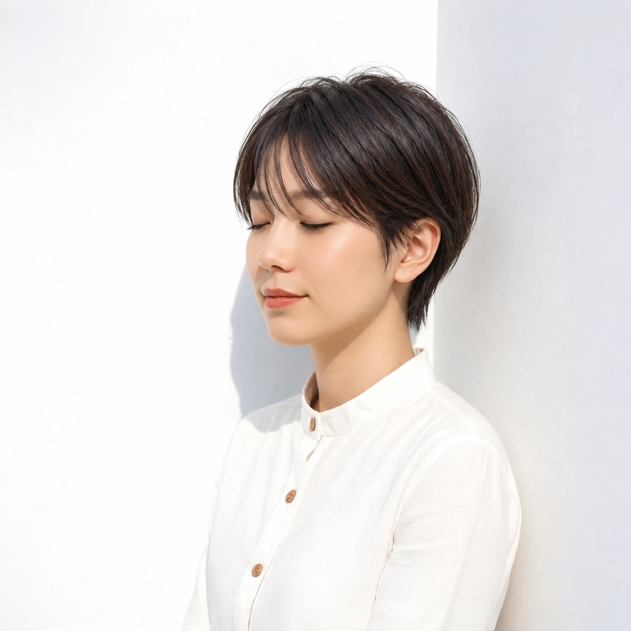 9. 黒髪ハンサムショート × 流し前髪：斜めのラインが落ち着いたかっこよさを引き出す