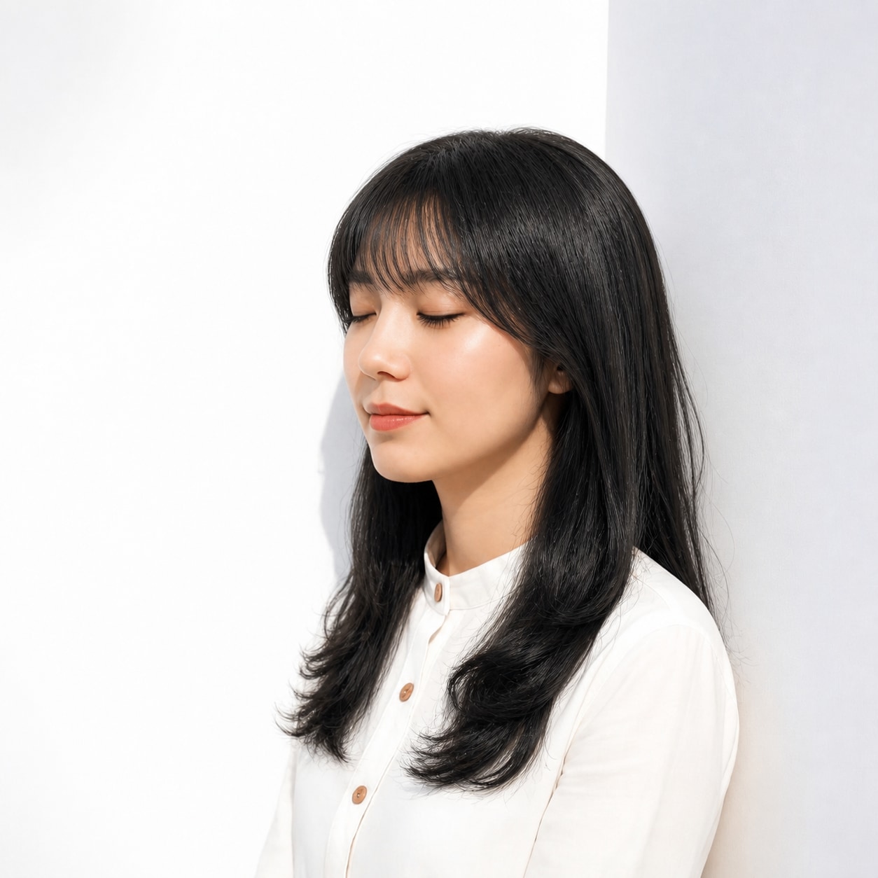 12. 黒髪ロング × 内巻きカール：やさしくまとまる