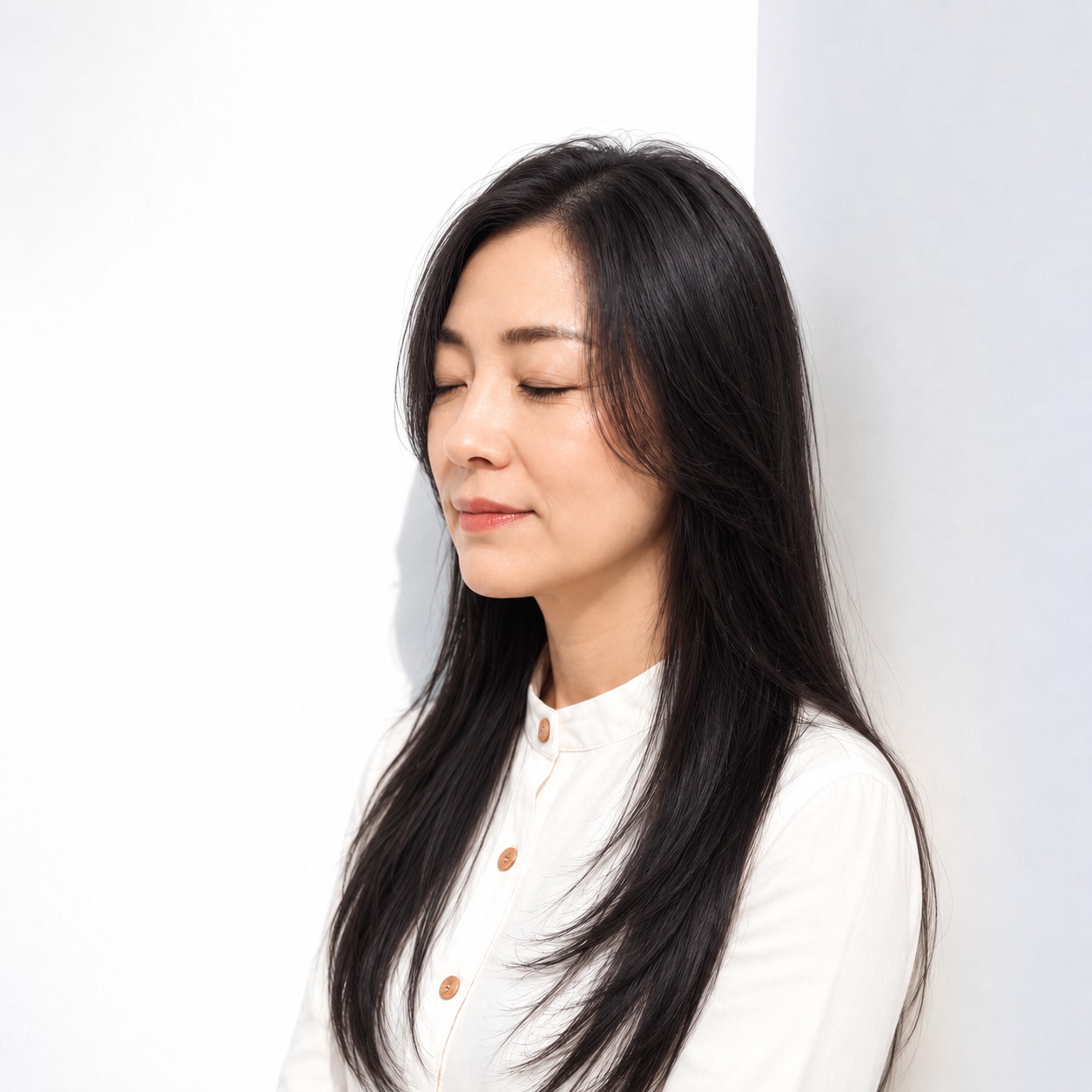 6. 前髪なしロング × 黒髪：顔まわりのレイヤーですっきり見せる