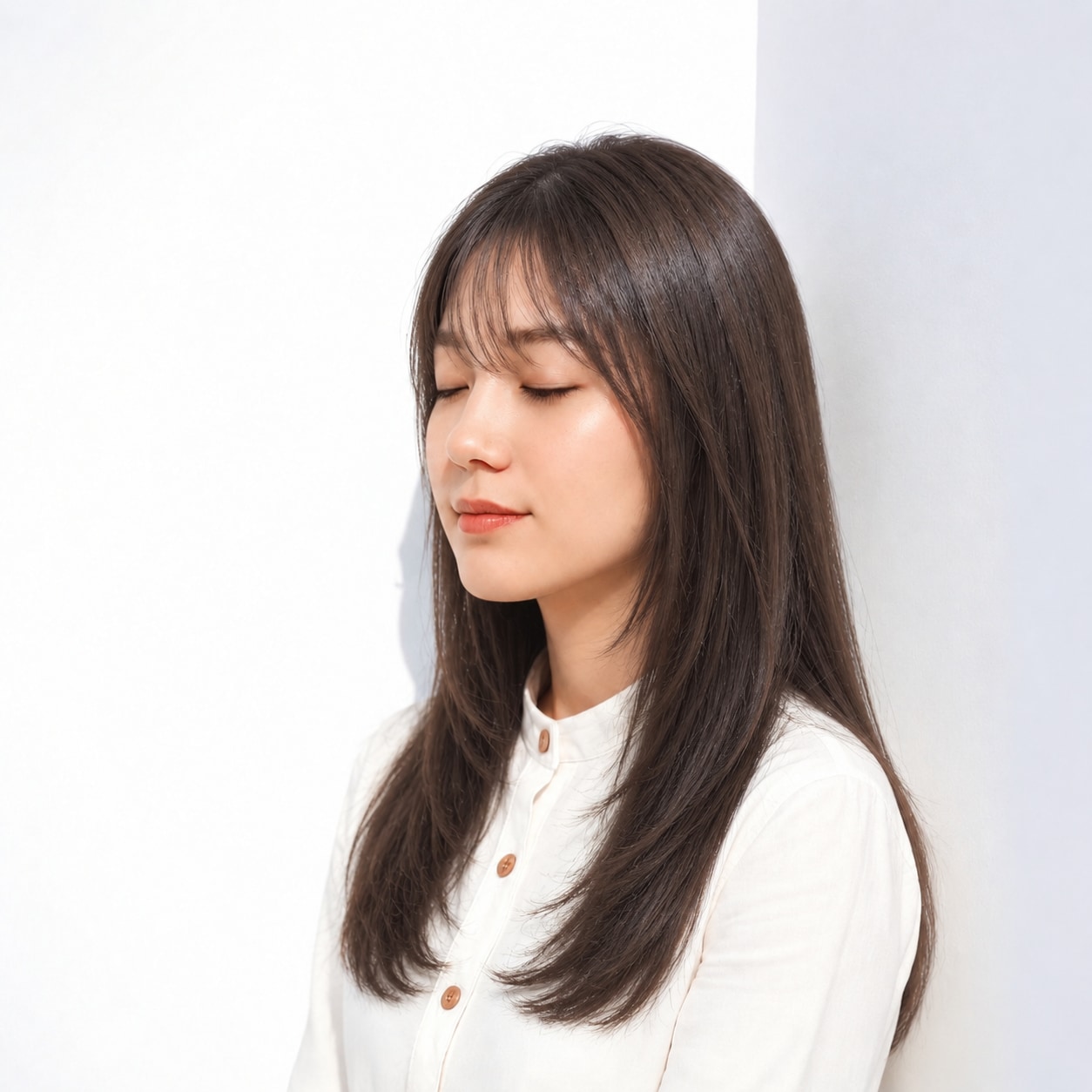 13. さらつやロング × ダークブラウン：小さな丸みで落ち着いて