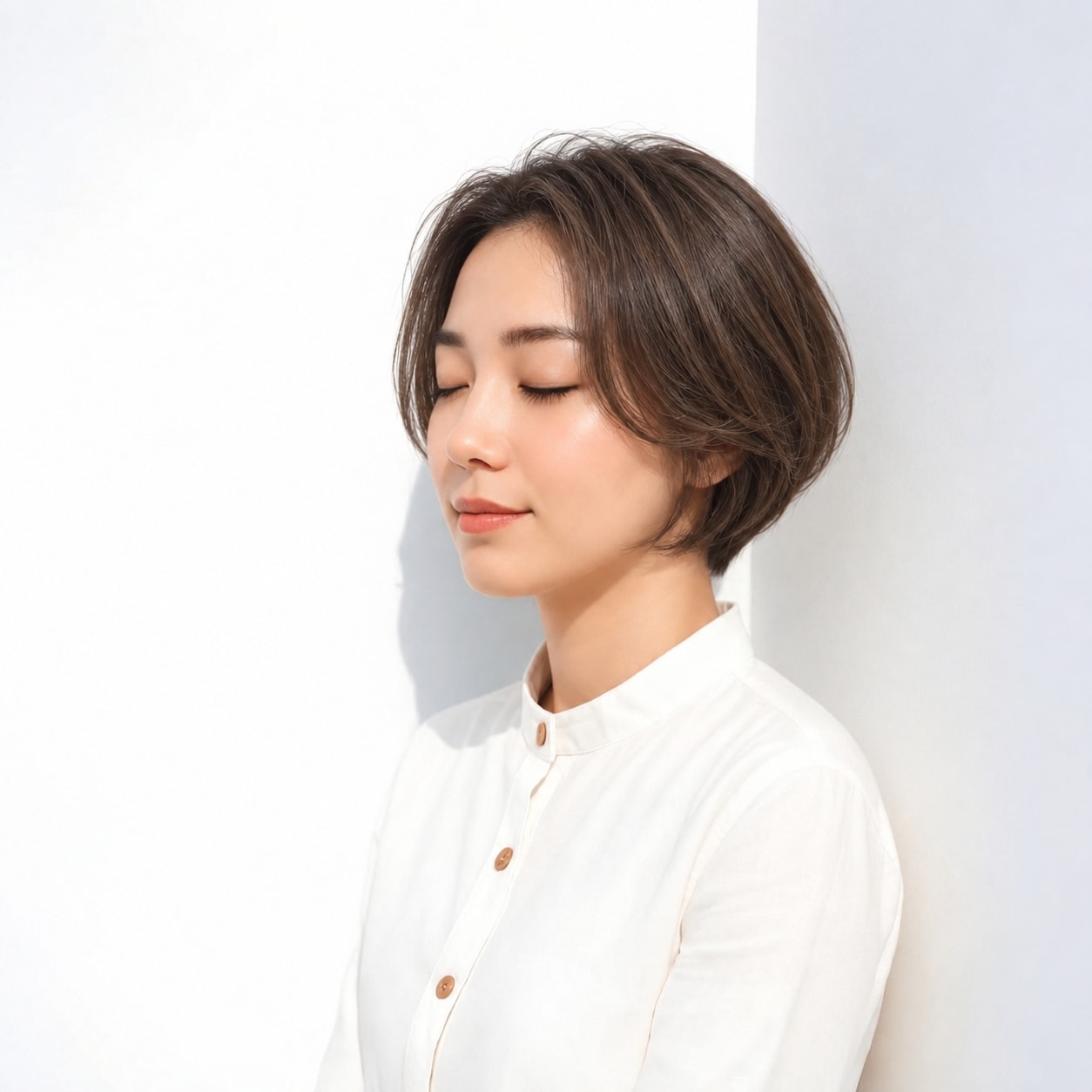 13. ひし形ショートボブ × 前髪なし × 耳かけアレンジ：片側に余白ができ、コンパクトな形へ軽さを足せます