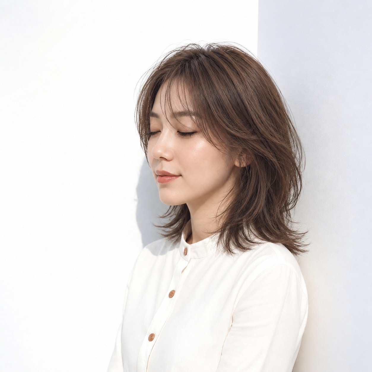 9. ゆるレイヤーミディアム × ブラウン：大きな曲線が顔まわりにふんわりした幅をつくる