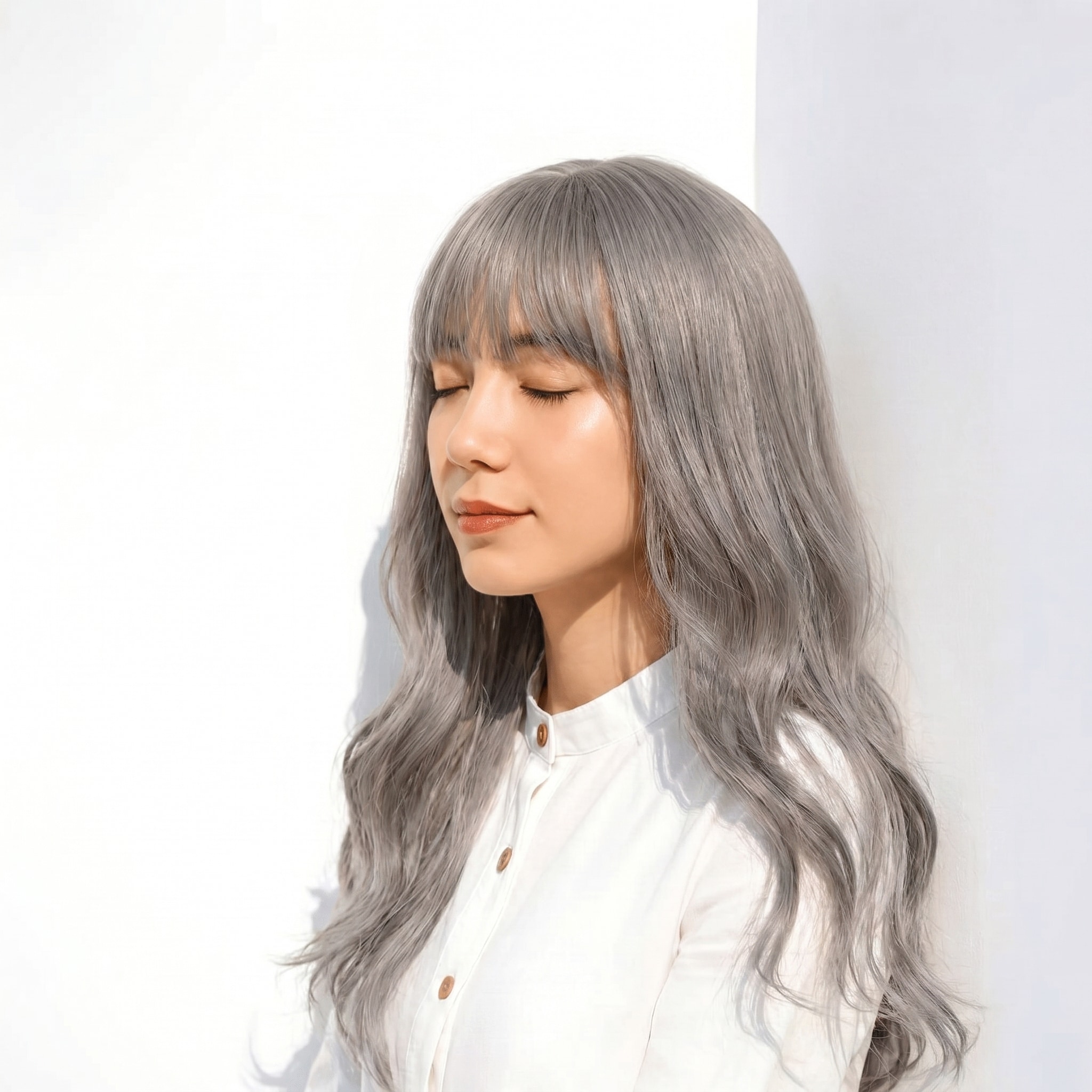 13. アイスグレージュ×透明感: 青みグレーが黄みを抑え、クリアな印象に