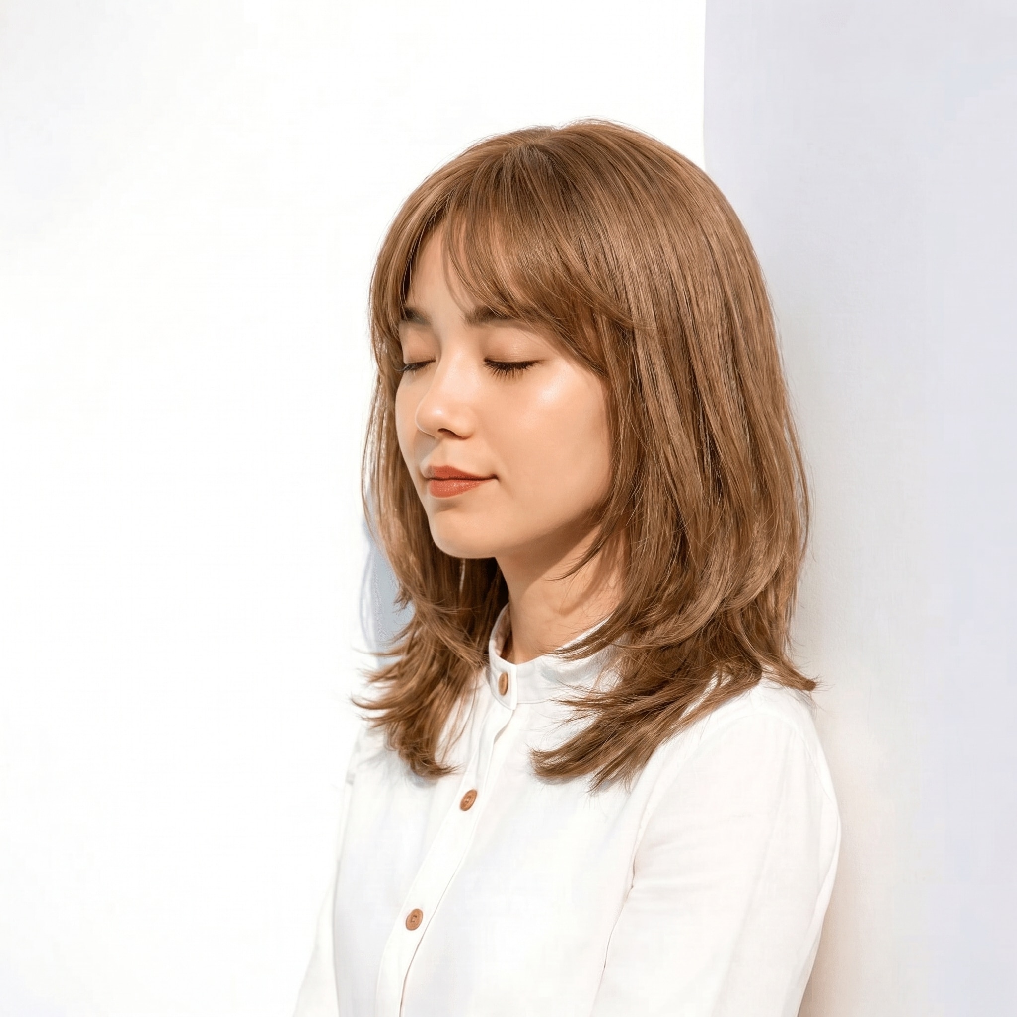 13. アッシュ ベージュ×ミディアムレイヤー: 軽やかな外ハネで動きを引き立てる