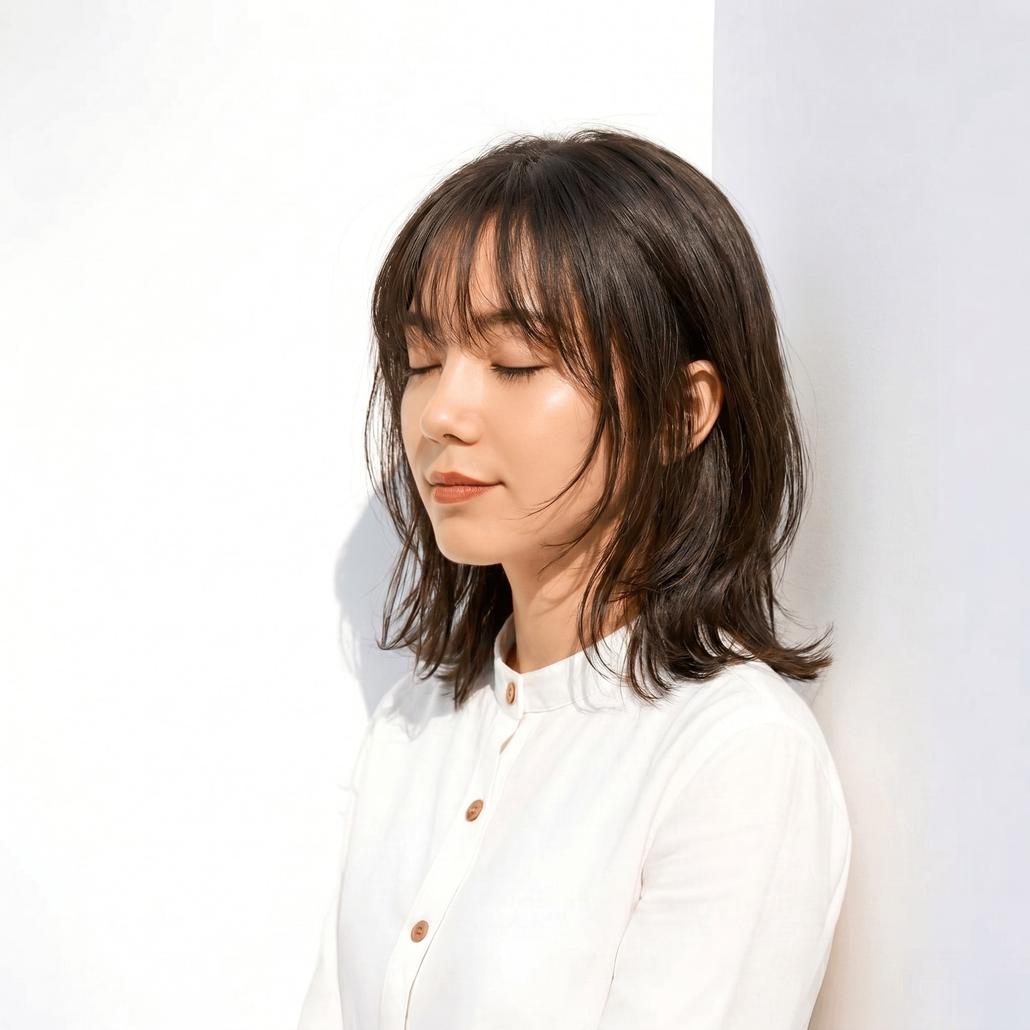 13. アッシュグレー×ミディアムレイヤー: ツヤ感が際立つ大人のこなれスタイル