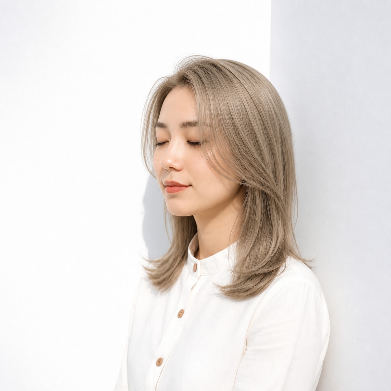 13. アッシュブロンド × ストレートミディ：落ち着いたアッシュで端正に