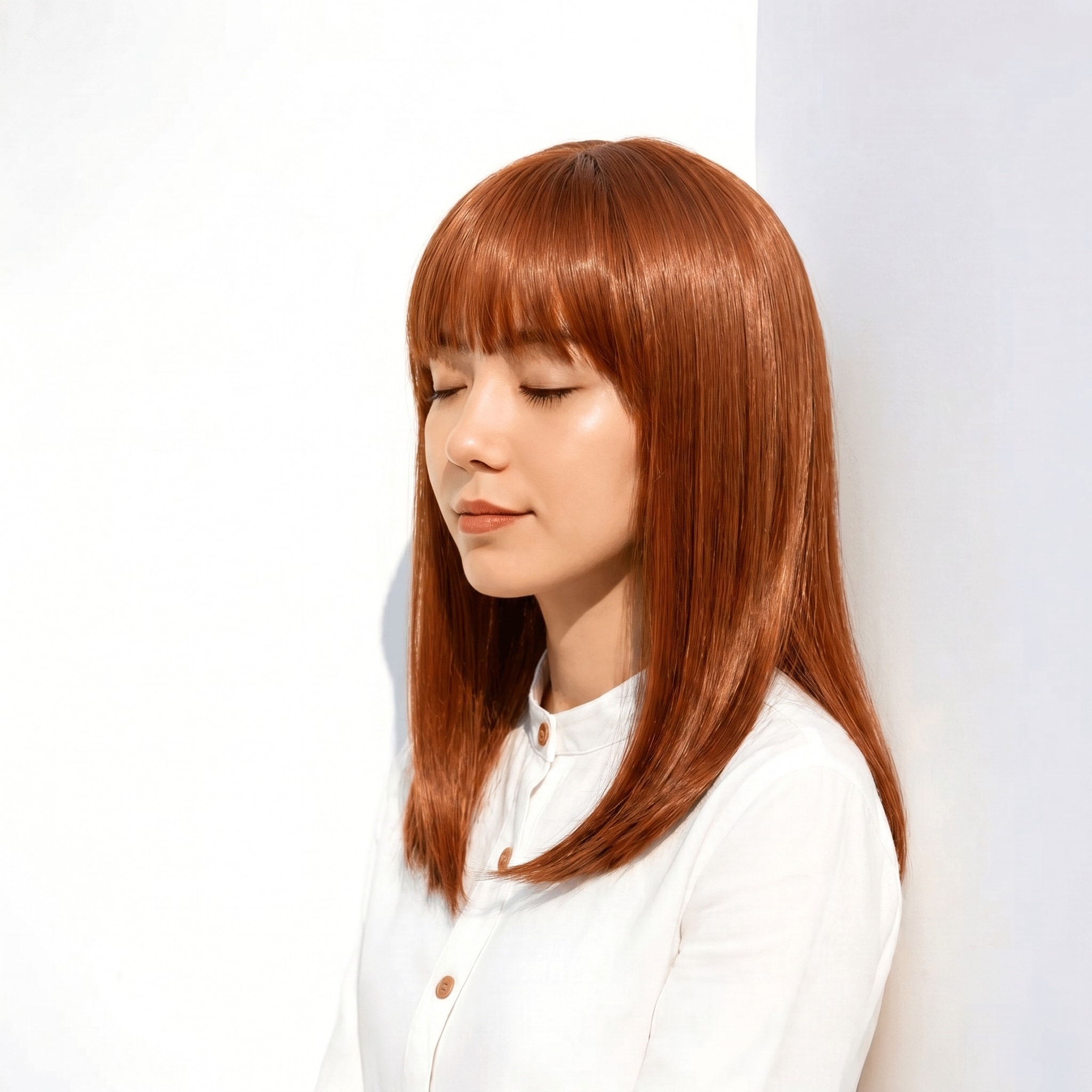 13. アプリコットオレンジ×セミロング内巻き: つややかな果実カラーで顔周りを明るく見せる