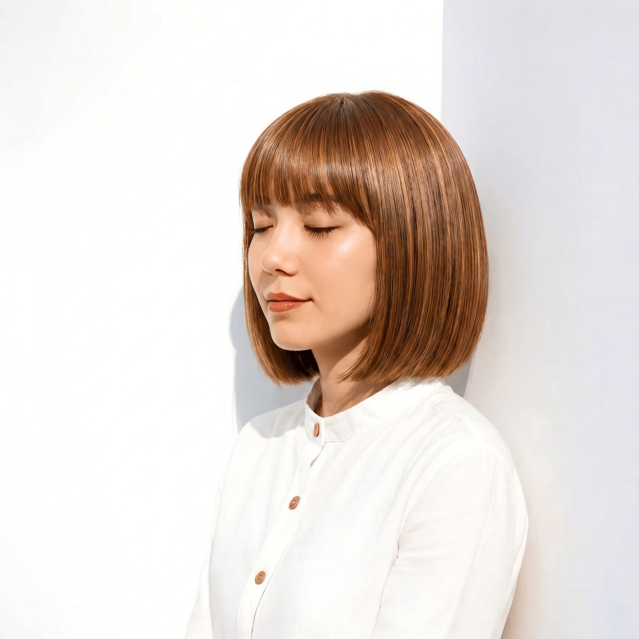 13. イエローブラウン×丸みボブ: フルバングの柔らかさに黄みのツヤをプラス