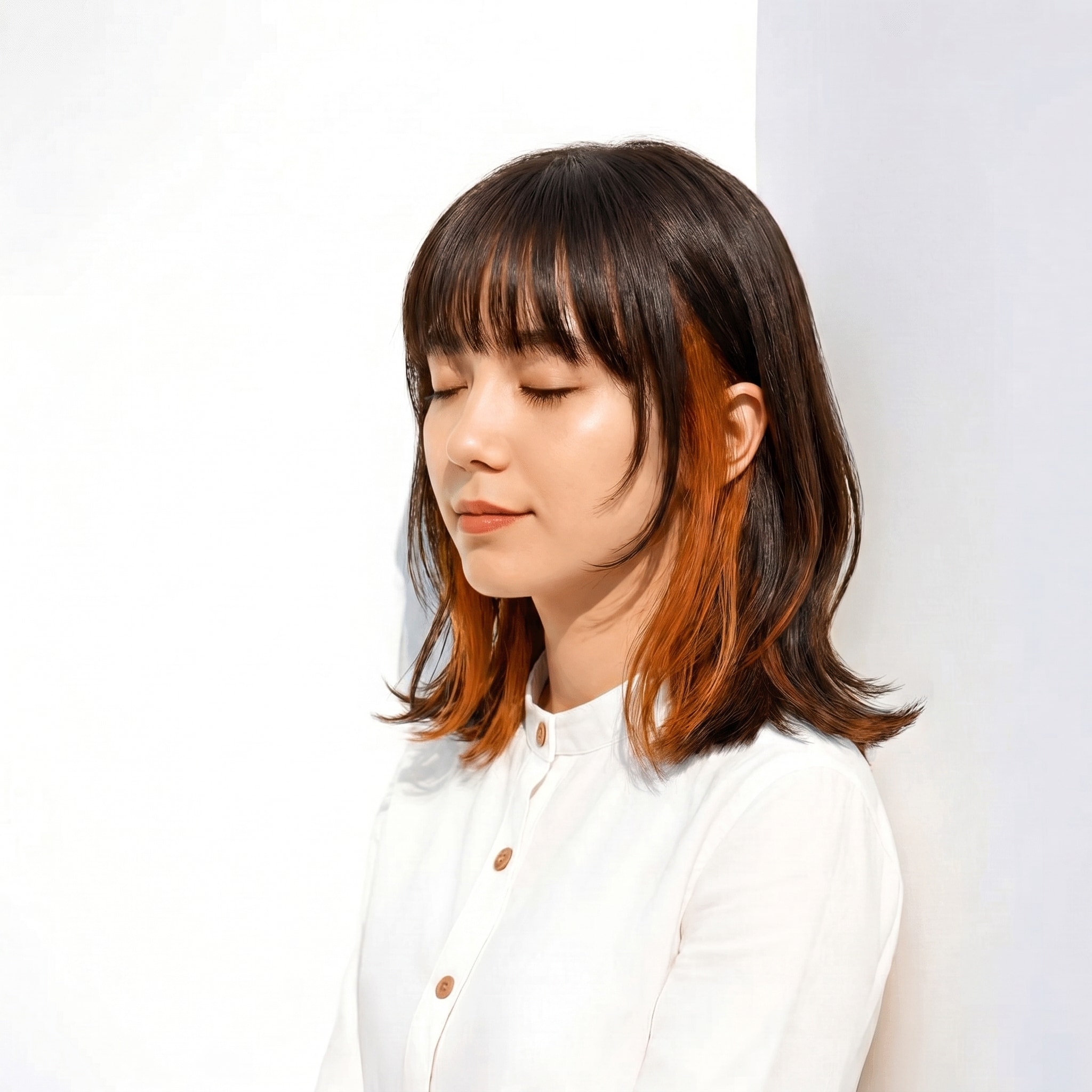 13. インナーカラー×コッパーオレンジ×外ハネレイヤーミディアム: 暗めベースにさりげない抜け感と遊び心を添える