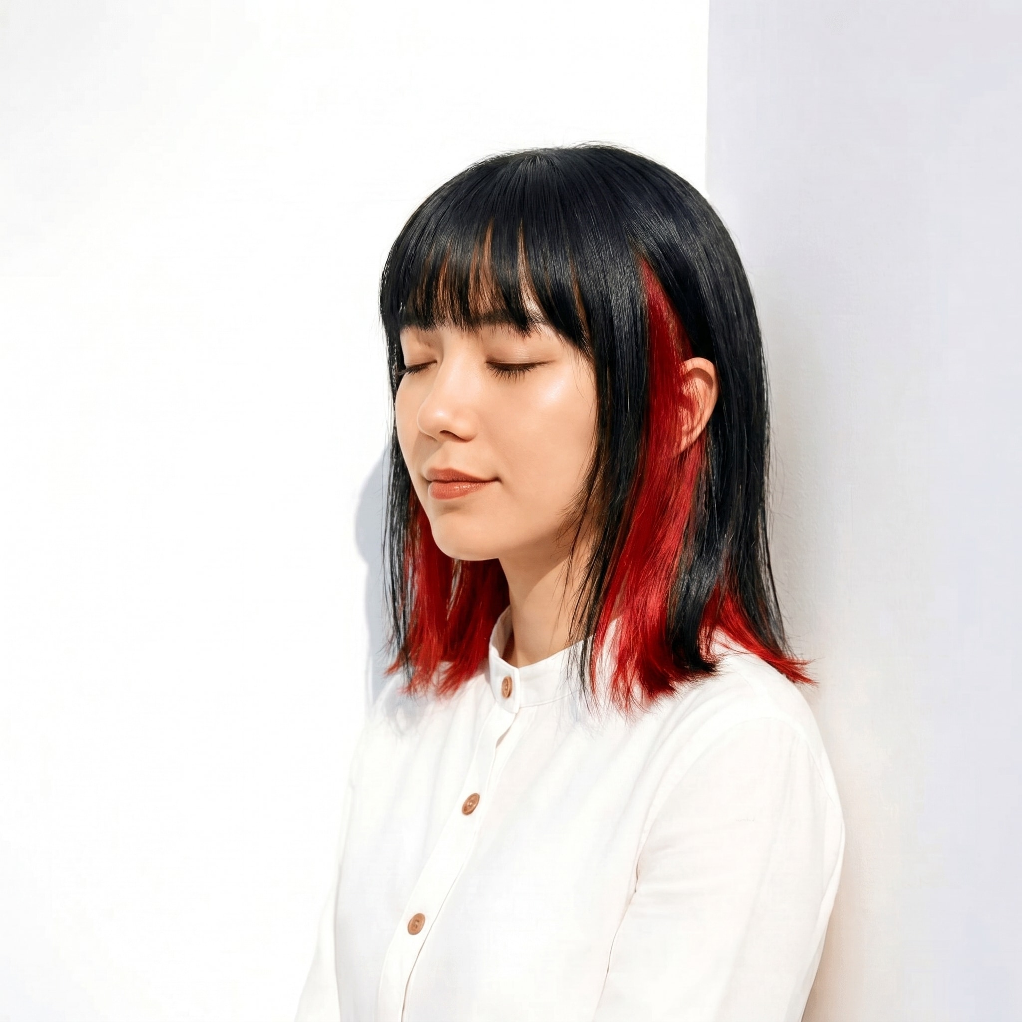 13. インナーカラー×赤×ミディアムボブ: 艶のあるブルーブラックに赤が揺れて、華やかな存在感を演出