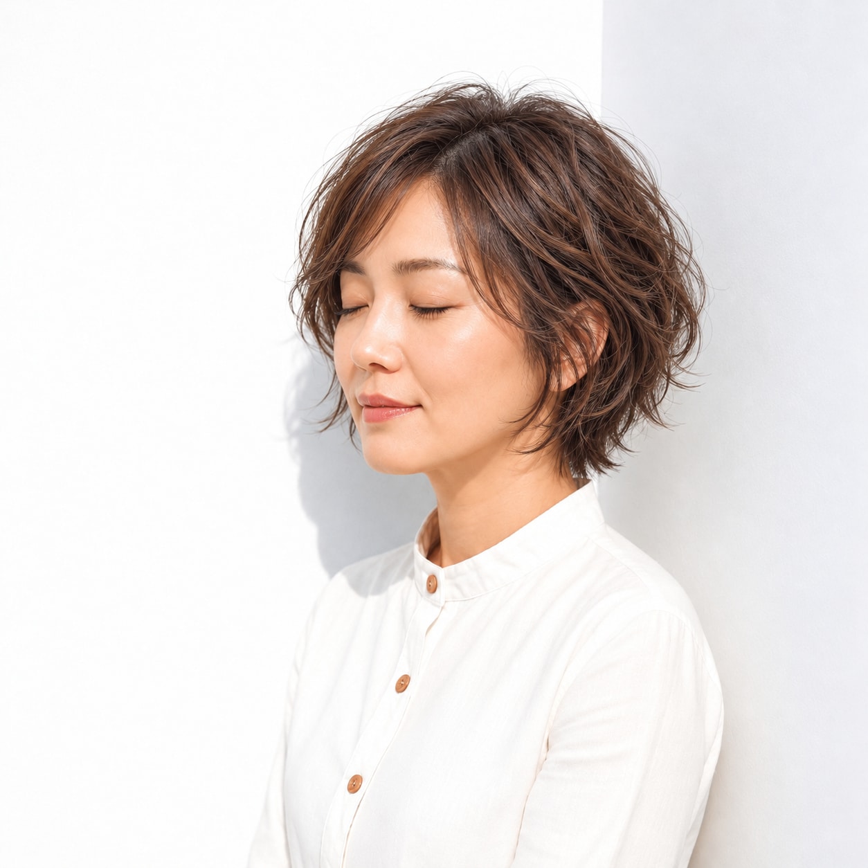 13. ウェーブショートボブ × 長めバング：頬の横に揺れる柔らかさ