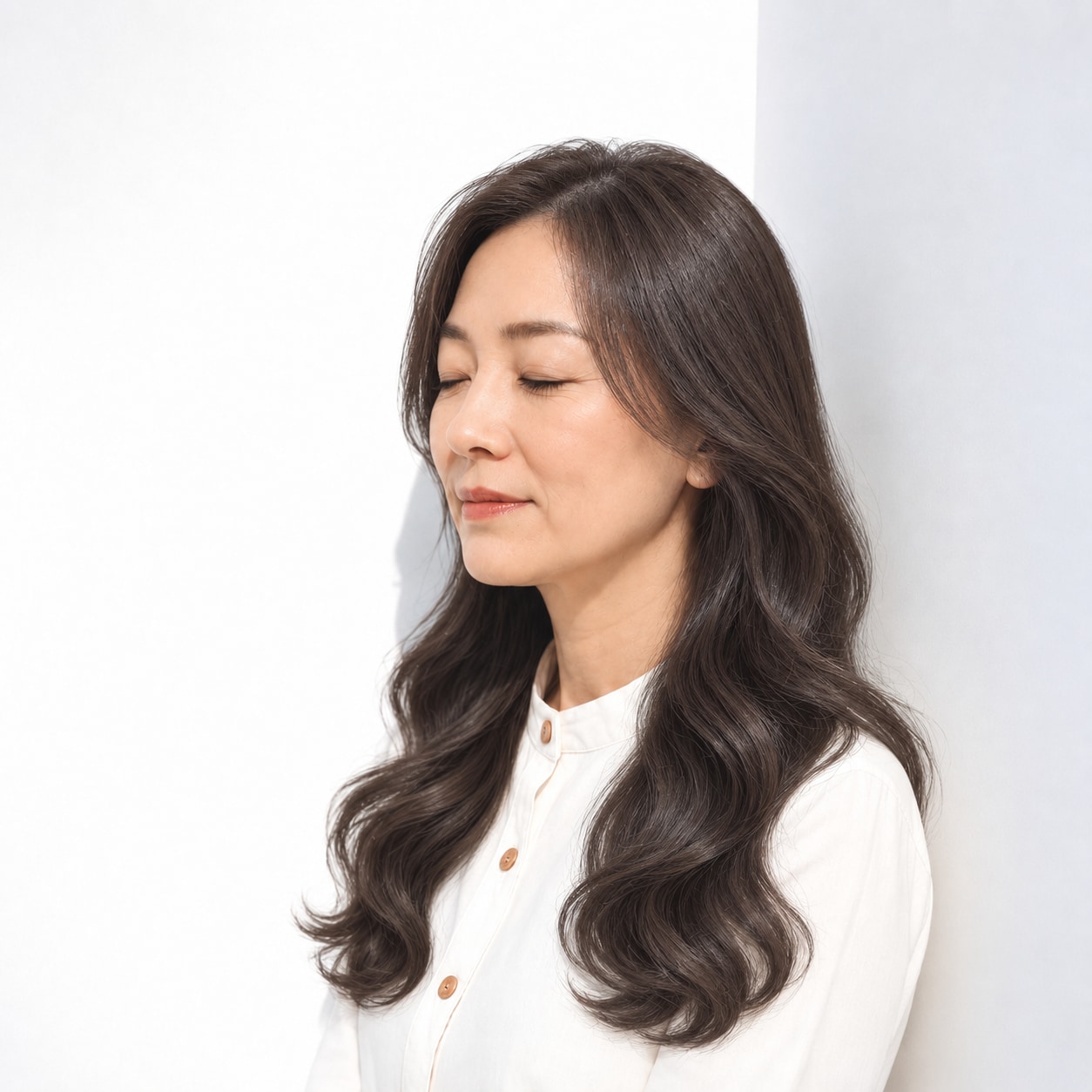 5. ウェーブロング × 前髪なし：ゆったり優雅な大人ヘア
