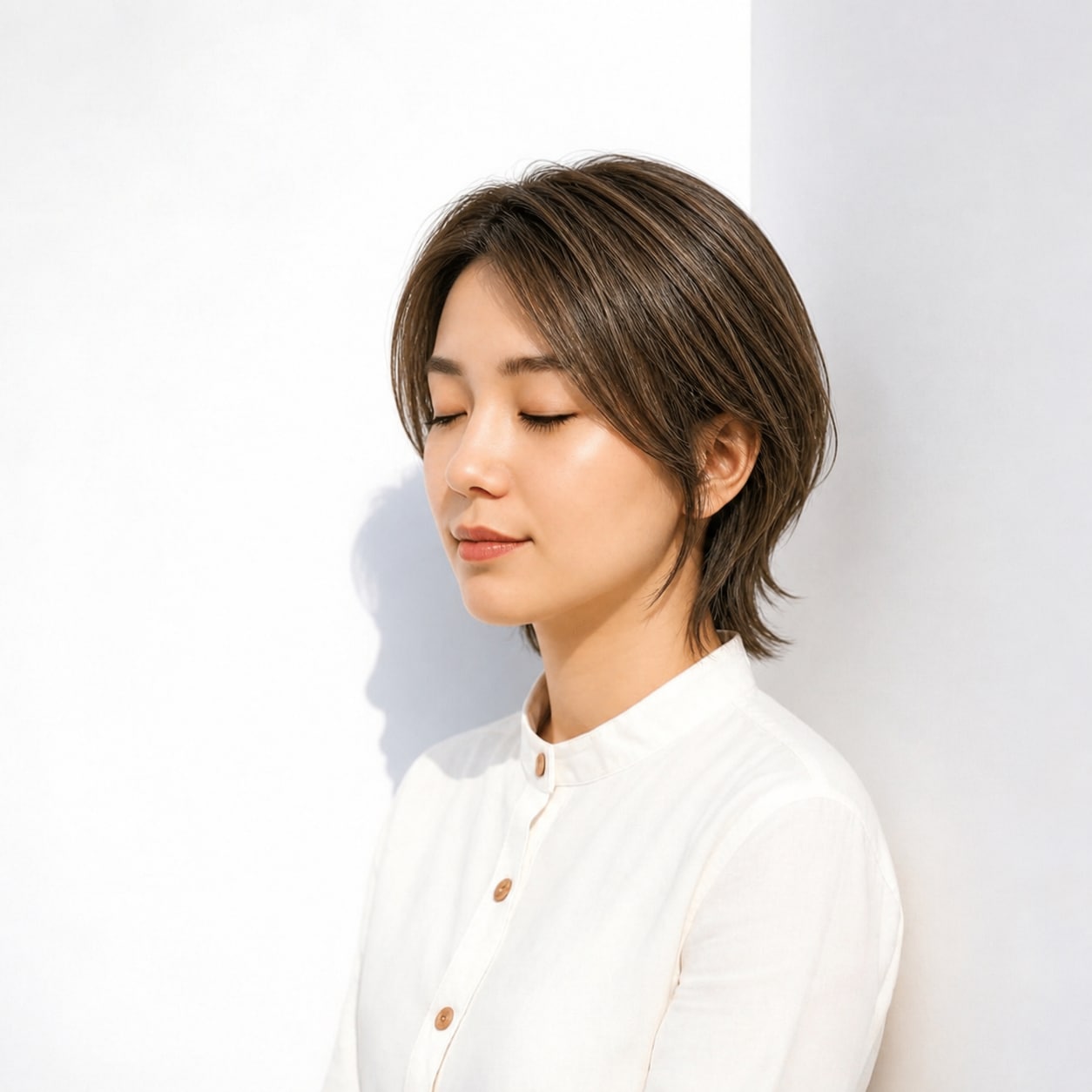 13. ウルフボブ × 前髪なし × ベージュブラウン：コンパクトな丸みを楽しむ