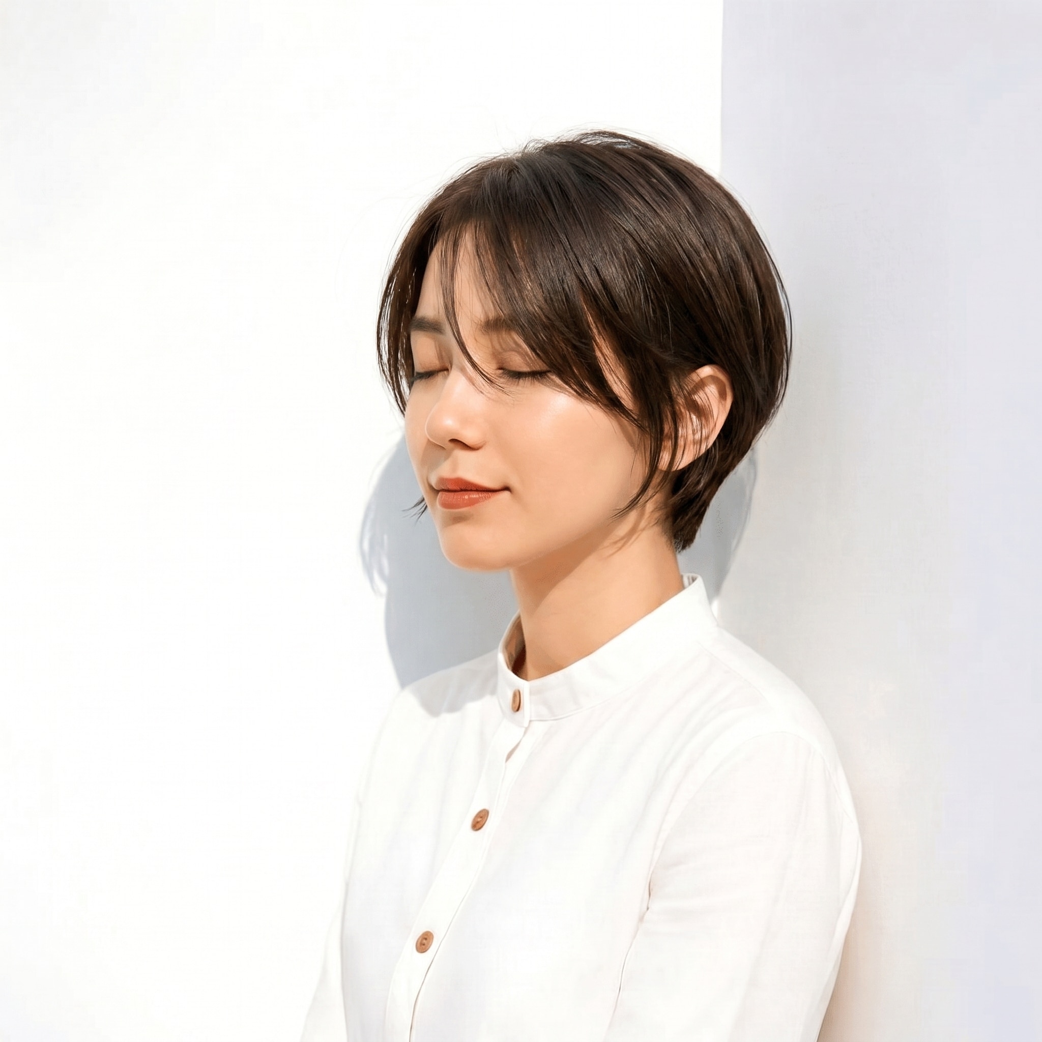 13. カーキアッシュ×ショートレイヤー: 深みのあるブラウン感で丸みショートを大人っぽく