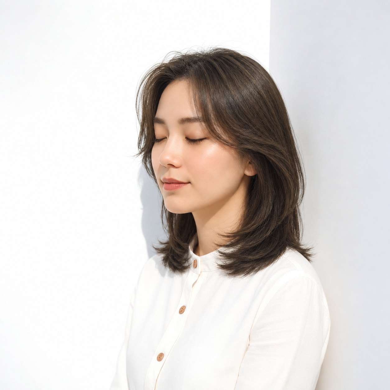 13. カーテンバング × 内巻きミディアム：小さな流れで穏やかに