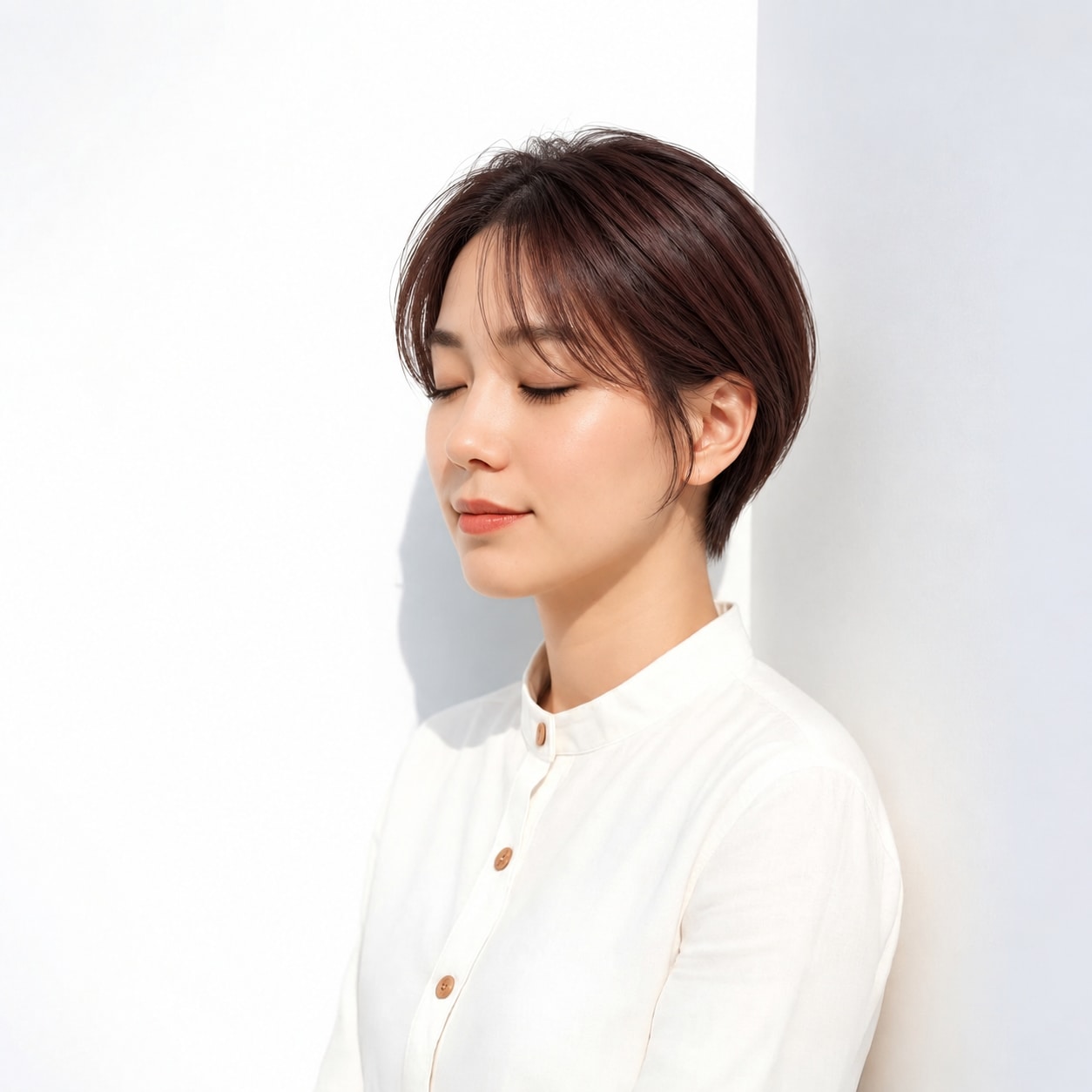 6. カーテンバング × 赤みブラウンショート：緩い曲線が短い髪をやさしく見せる