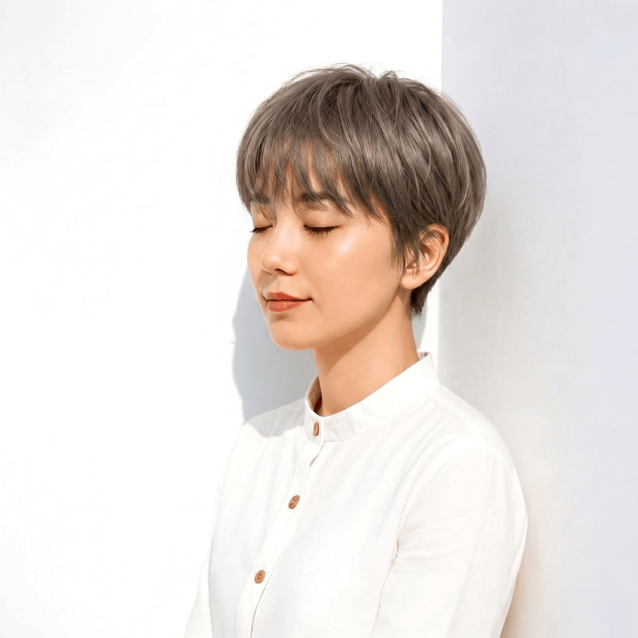 13. グレーベージュ×ショートレイヤー: 丸みと束感で引き締まるスタイル
