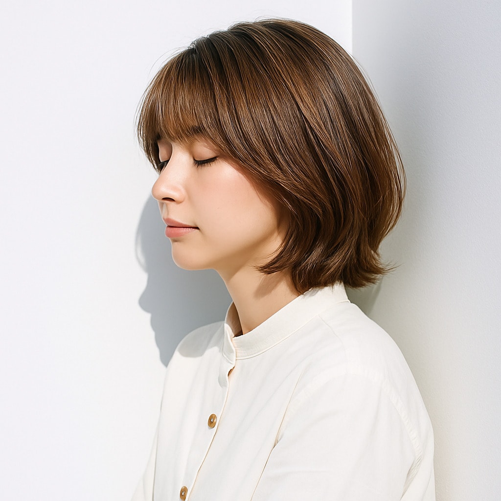 13. シアーベージュ×内巻きワンカール：肌を明るく見せるまろやかさ