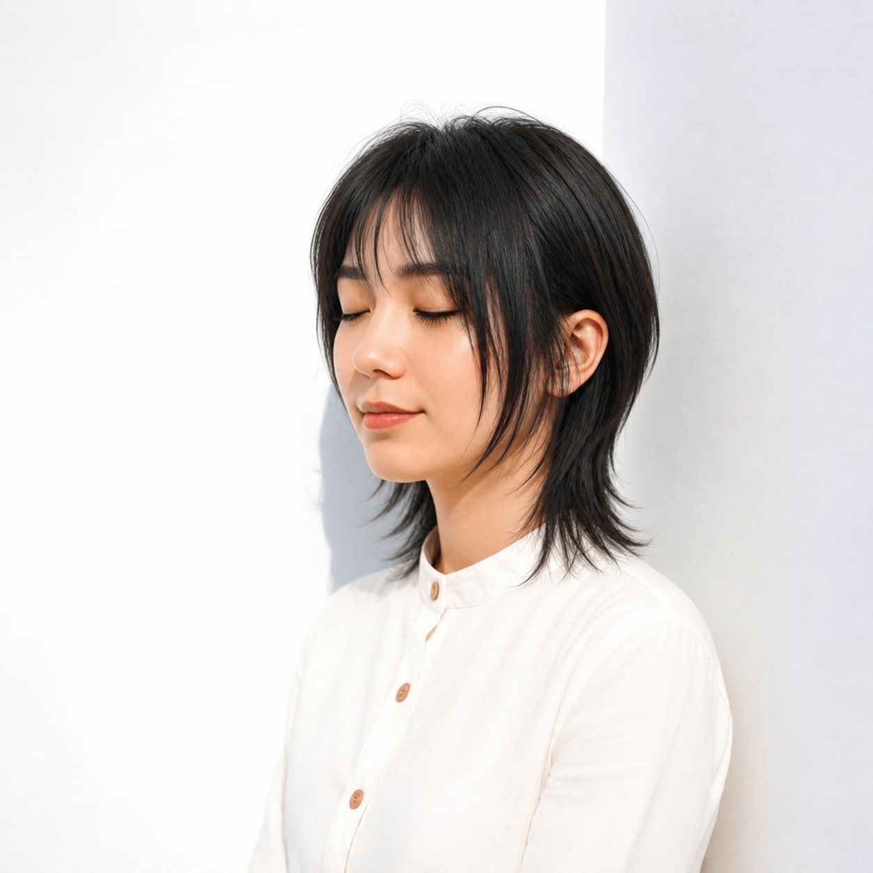 13. シャギーカット × 短めミディ：首元をすっきり見せる