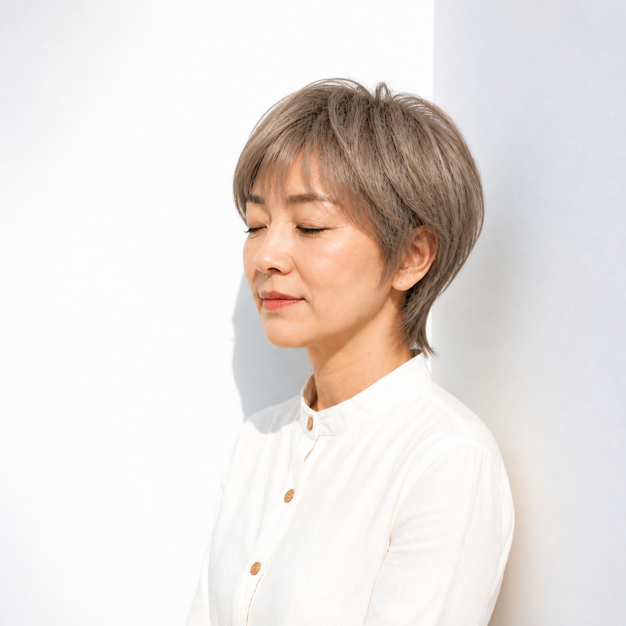 13. ショートウルフ × グレーベージュ：50代の白髪を生かす